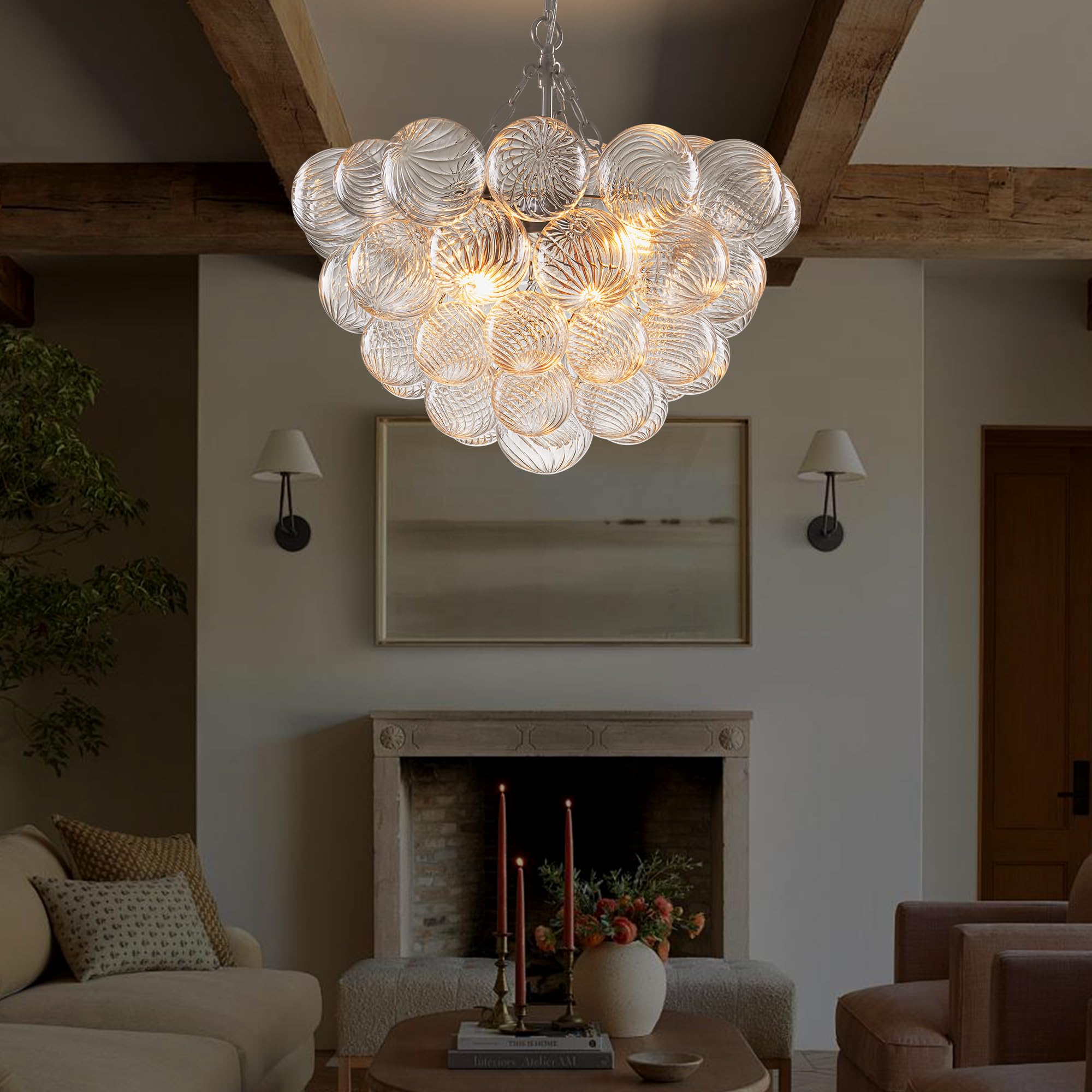 Beypan Bubble Glass Ball Chandelier Nickel Finish Light Fixtures Swirled Clear Ribbed Globe Blown Glass Chandeliers 20'' Dia Sma