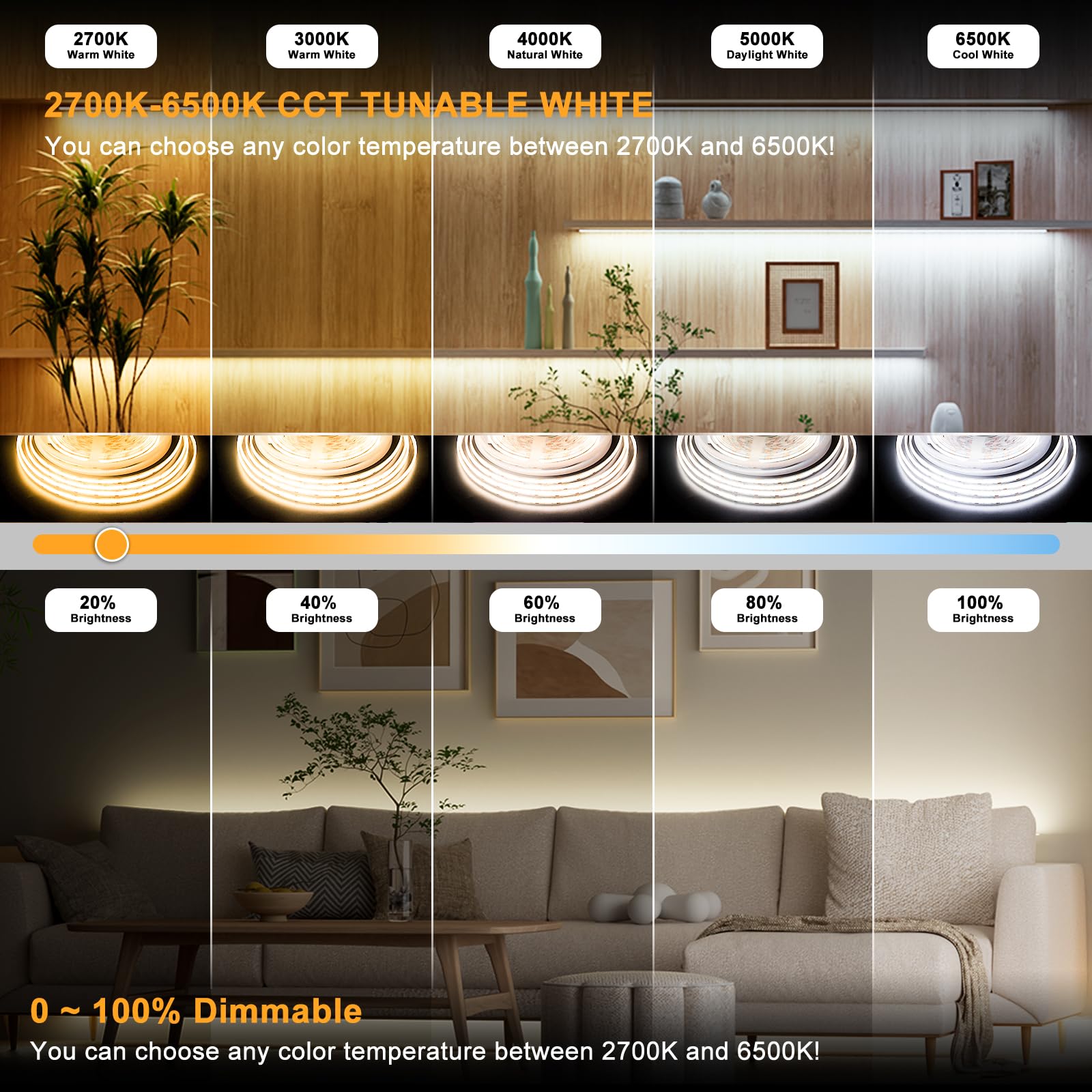 Pautix 16.4Ft Dimmable Cob Led Strip Light, Tunable 2700K-6500K, Cr