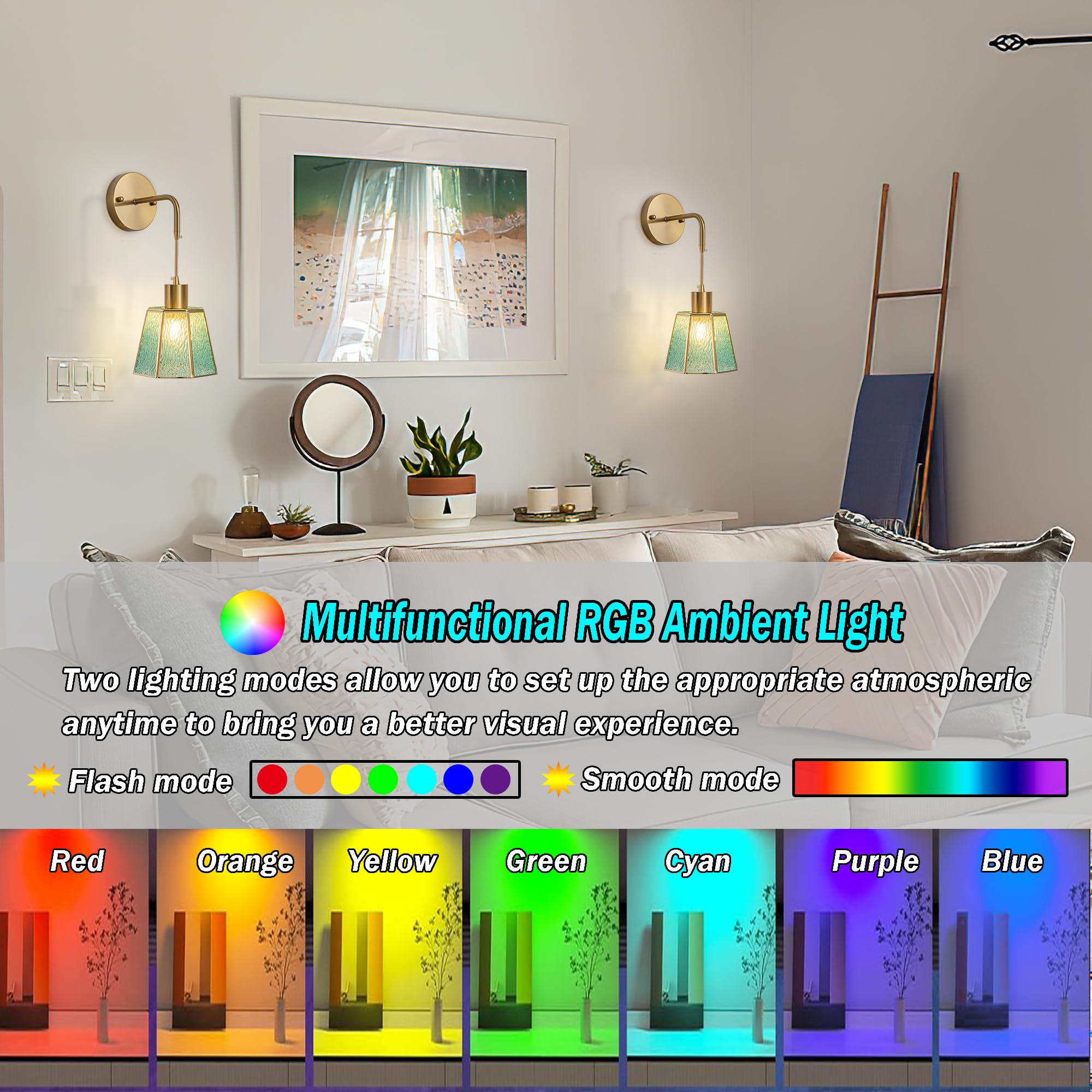 Yhcdlamp Battery Operated Sconces Set Of 2, Battery Operated Wall Lights With Remote,Rechargeable Wall Sconces Rgb Color Changin