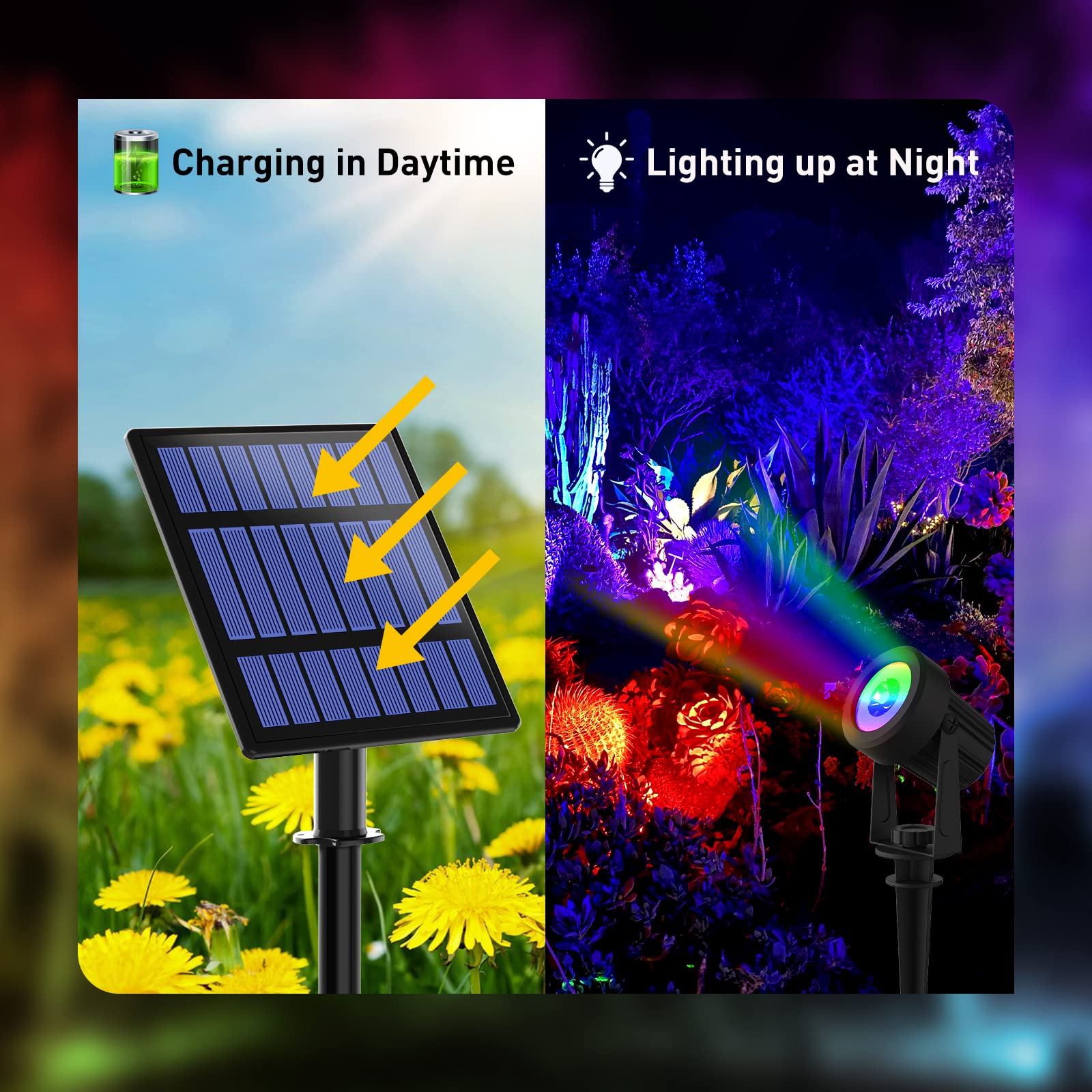 T-SUNUS Solar Spot Lights - RGB Color Changing, Waterproof IP65, 4-IN-1, 9.8ft Cable, Ideal for Patio, Garden, Holiday Decoration