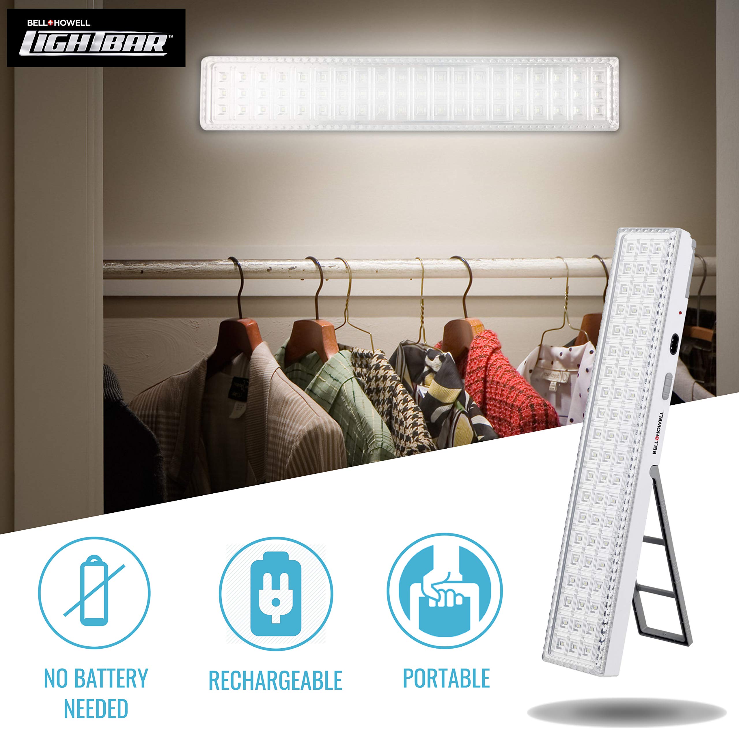 Bell+Howell Light Bar 16.5-Inches, 720-Lumens, Built-In 60-Led Bulbs, Rechargeable Portable Lamp With Folding Stand And Hanger As Seen On Tv, White