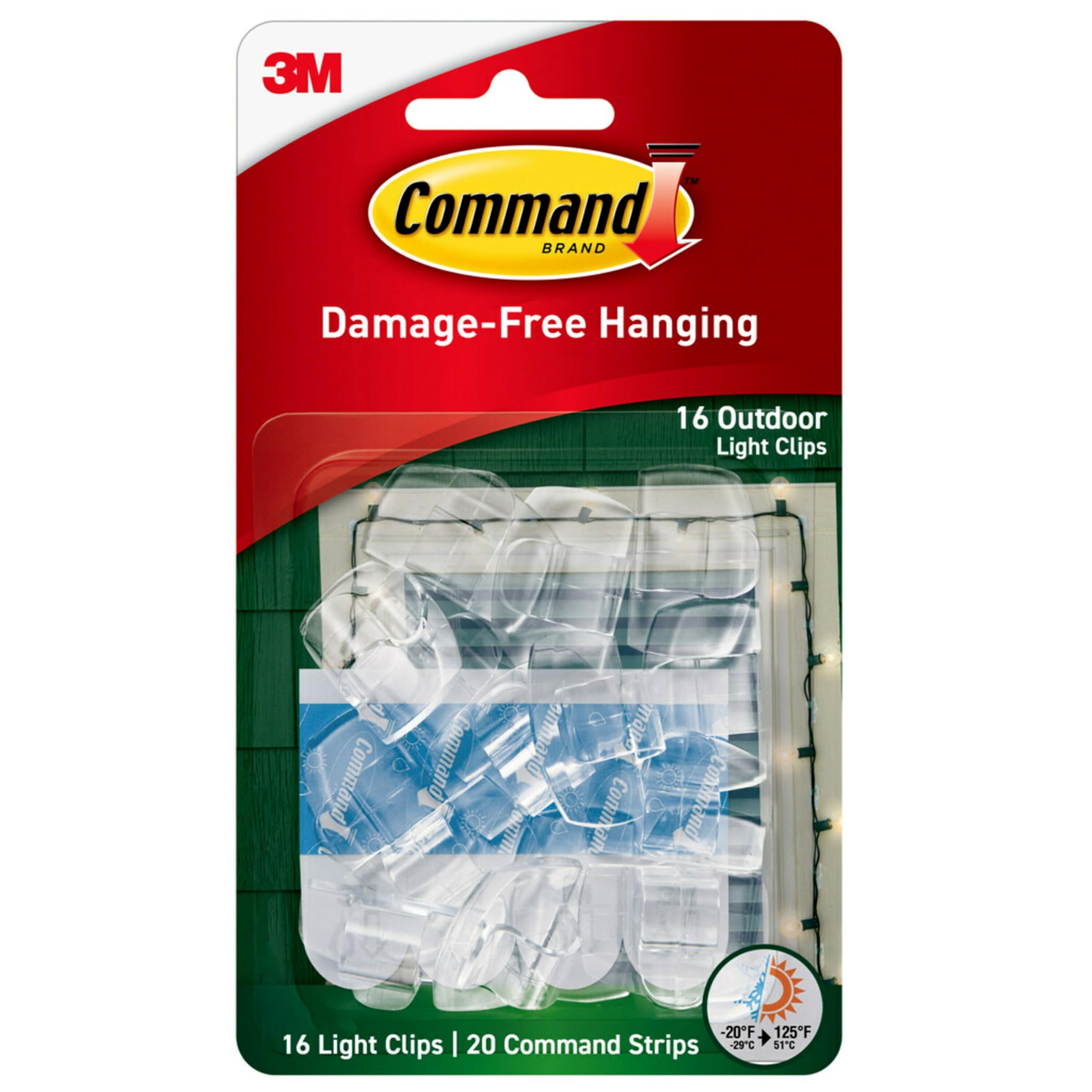 Command Outdoor Light Clips, 16 Clips, 20 Strips, Water-Resistant Adhesive (17017Clr-Awes), Clear (17017Clr-Aw-E)