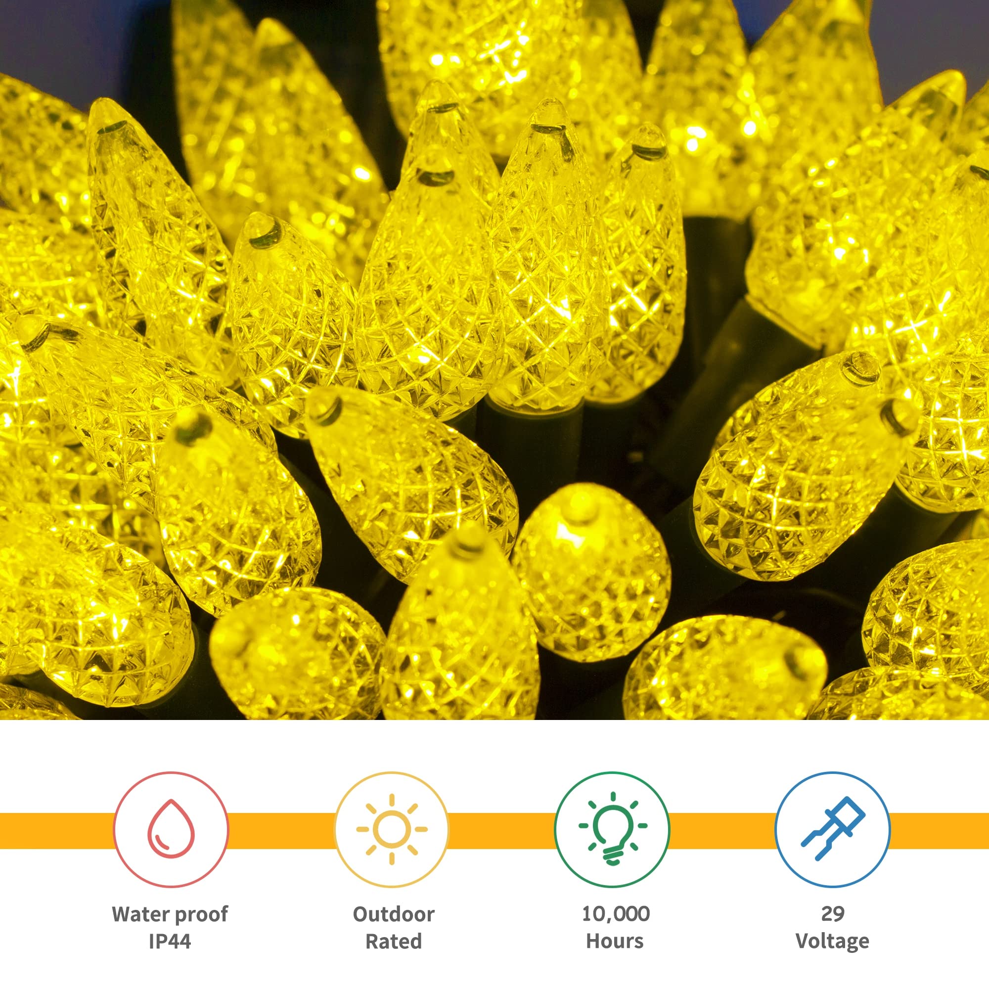 WATERGLIDE 33ft 100 LED Christmas Lights, Green Wire, 8 Lighting Modes, Waterproof, Yellow Fairy Lights for Indoor Outdoor Decor