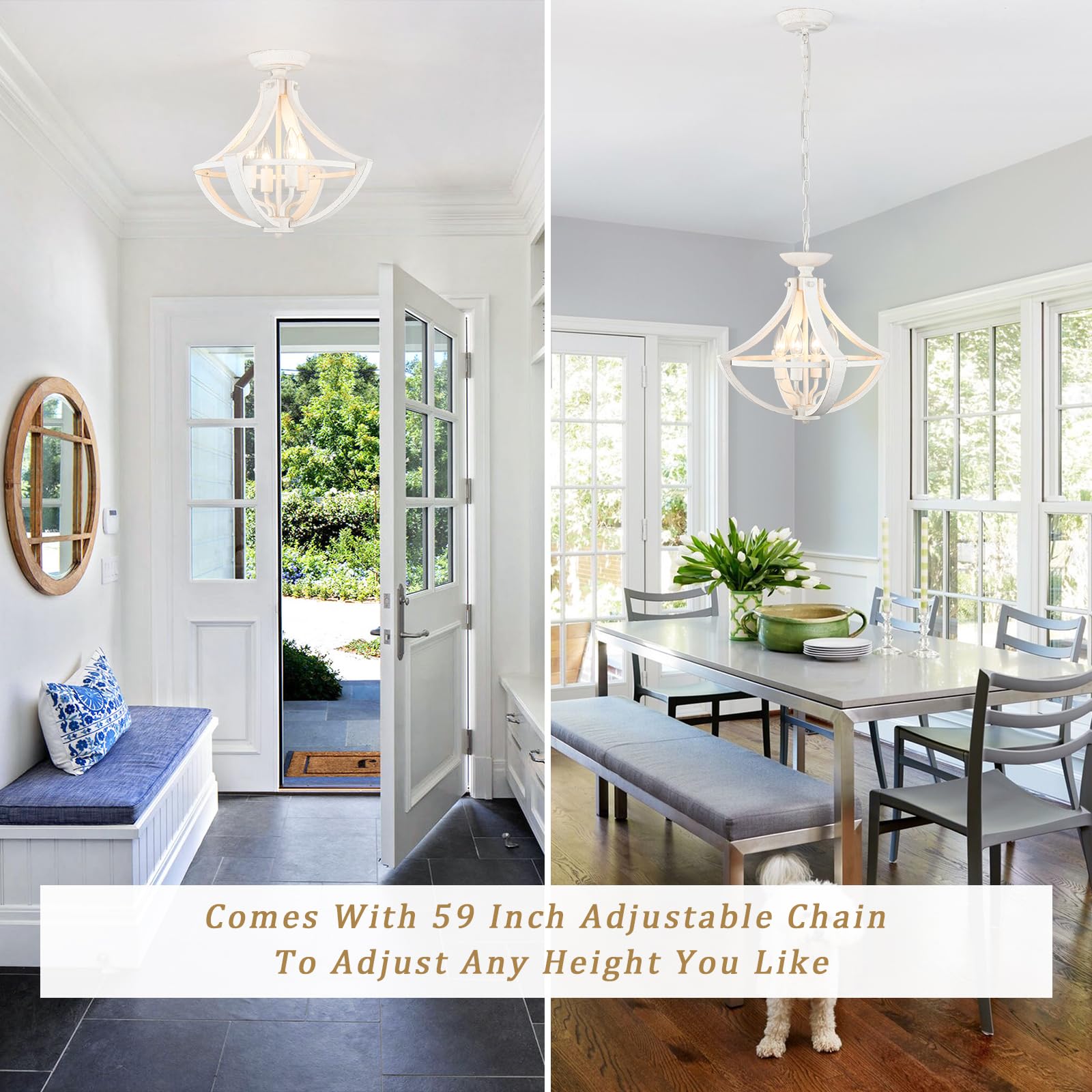 4-Lights French Country Chandelier Farmhouse Chandelier Handmade Semi Flush Mount Ceiling Light Fixture Wood Chandelier Pendant Light White Chandeliers For Entryway Foyer Hallway Kitchen Dining Room