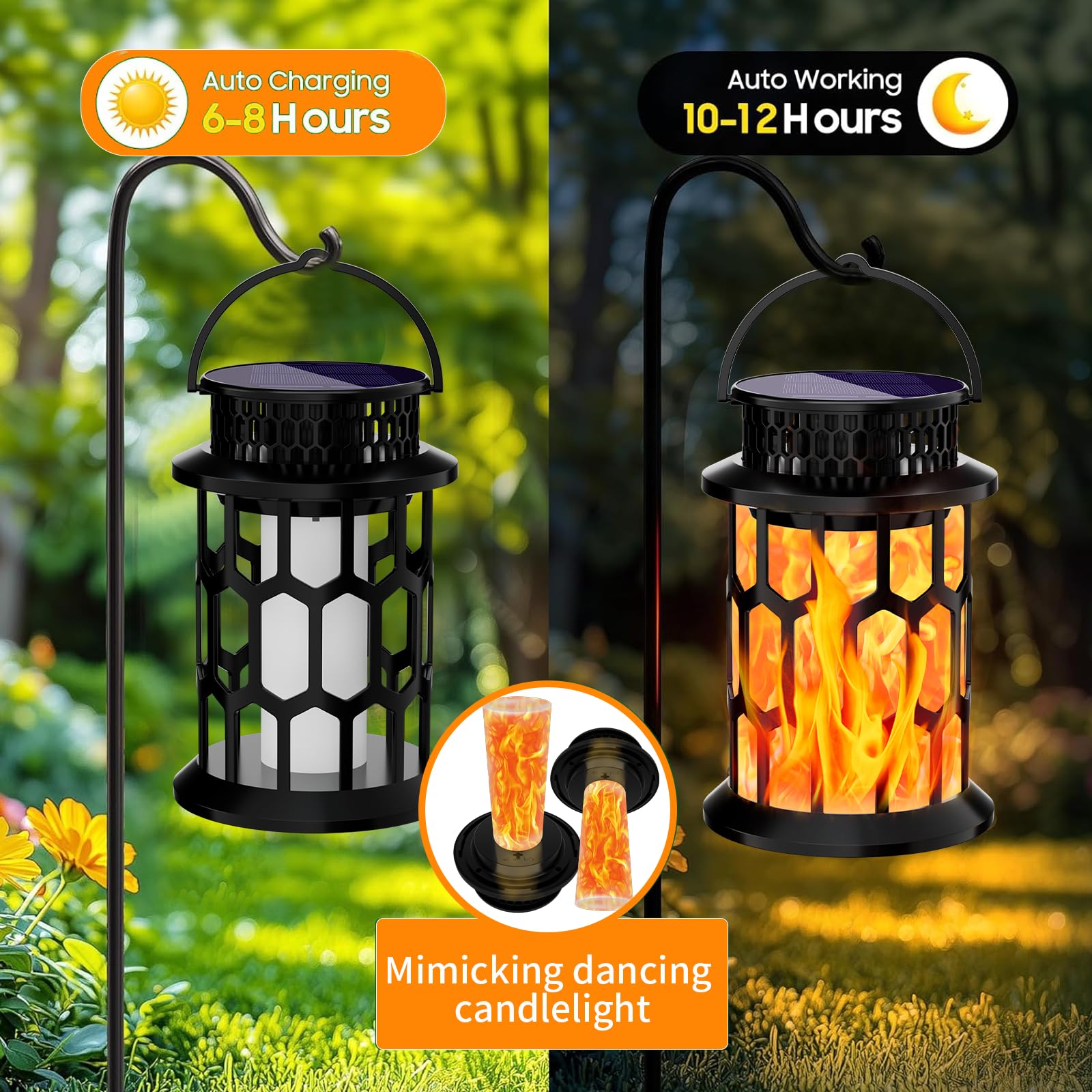 Donline Solar Lanterns Outdoor Waterproof, Flickering Flame Hanging Solar Lantern Camping Solar Powered Lights Decorative Lights For Christmas Decorations Home Garden Patio Deck Yard Path, 2 Pack