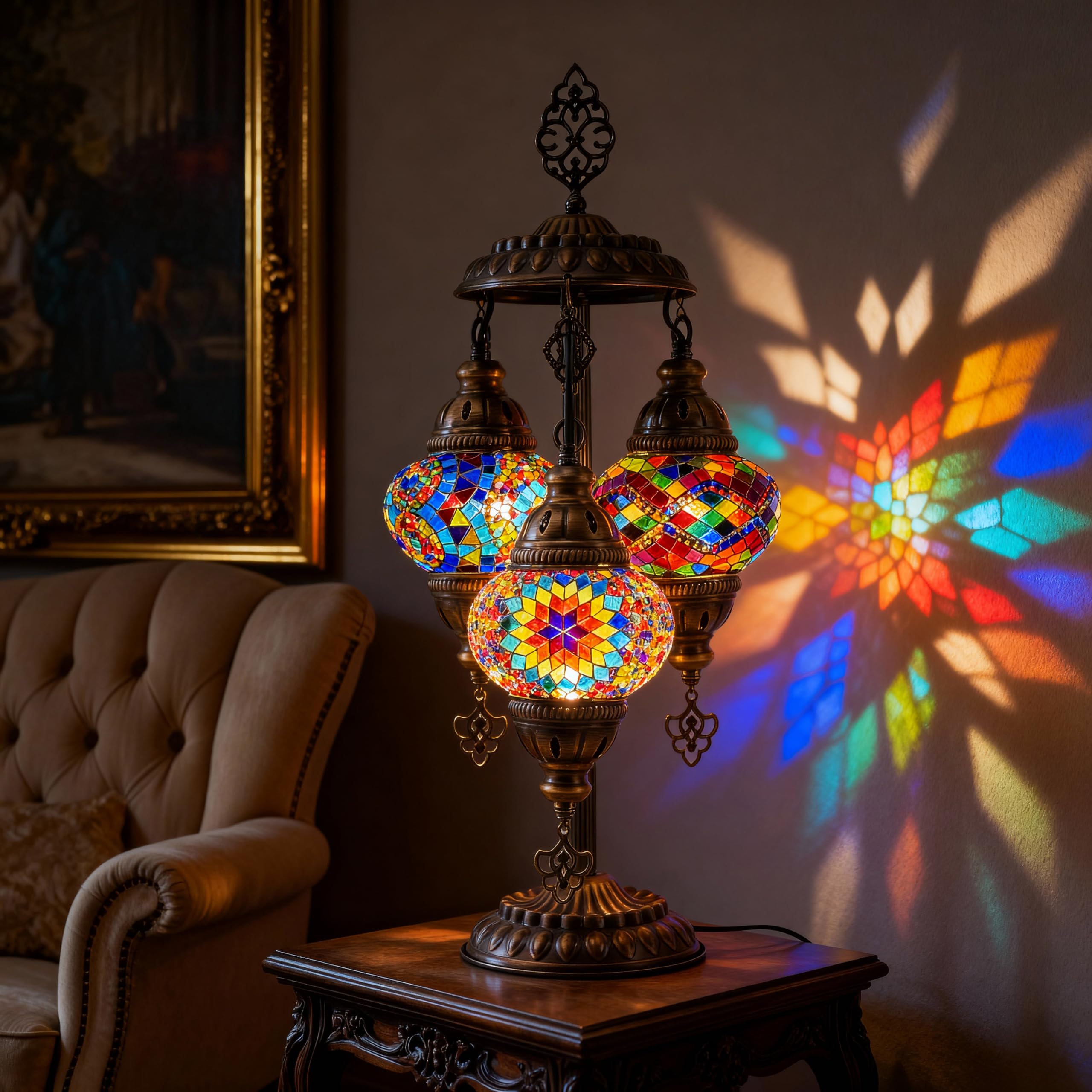 Mozaist Turkish Mosaic Lamp with Bulb - 3 Globe Tiffany-Style Table Light (Cappadocia Balloon)