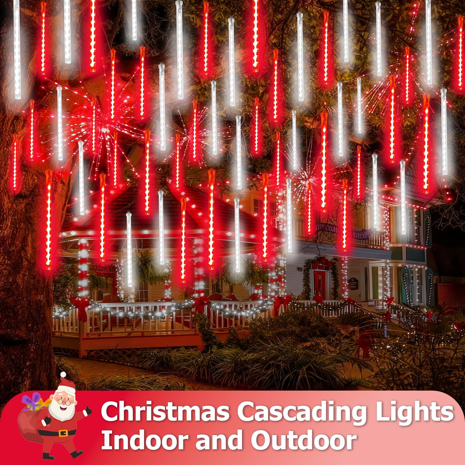 2-Pack Extendable Meteor Shower Christmas Lights Outdoor  16 Tubes 384 Leds Waterproof Falling Rain String Lights  Christmas String Lights Outdoor For Tree Garden Holiday Decorations (Red And White)
