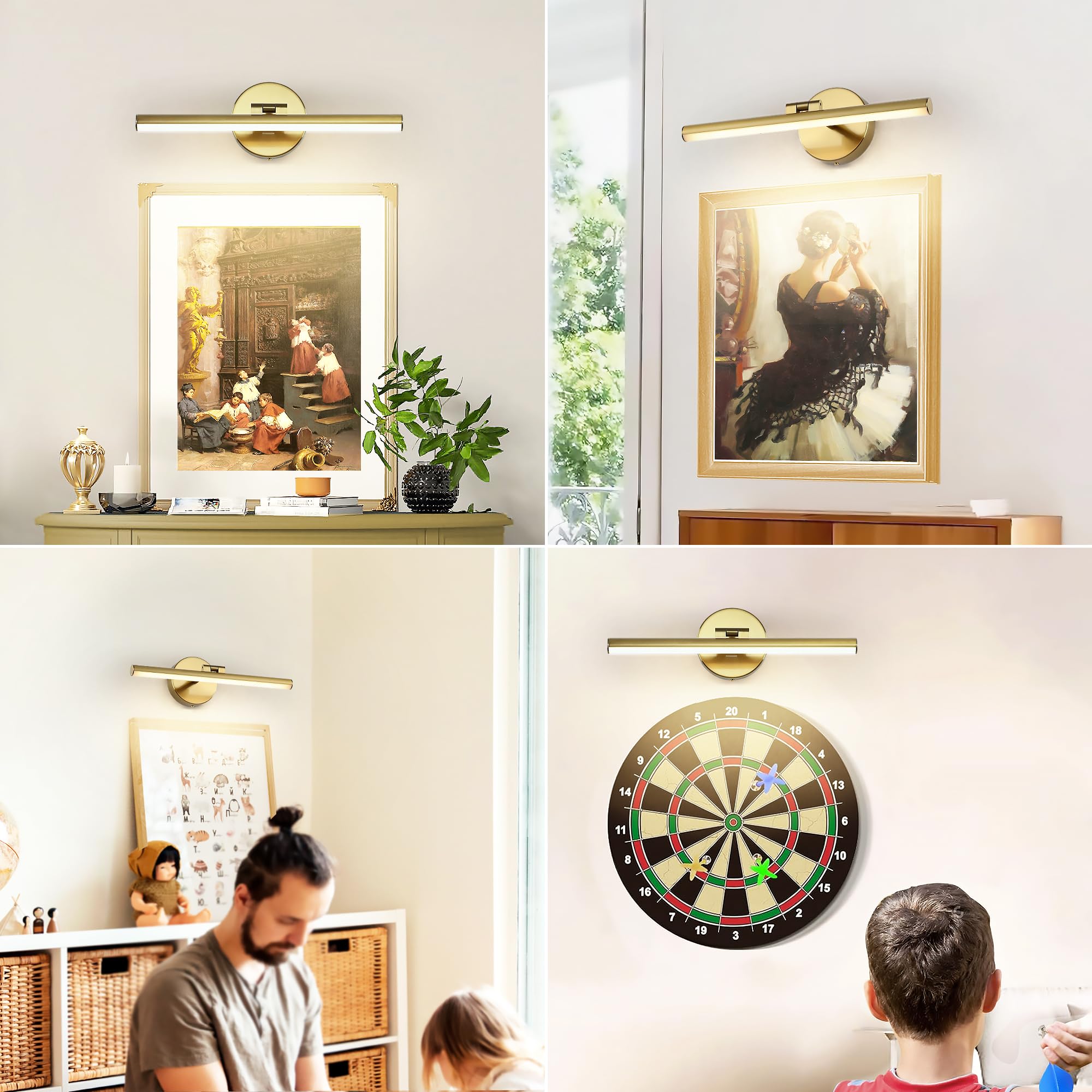 Pasoar Hardwired Adjustable Lighting Gold Modern Led Picture Lights For Paintings 15.7'' Inch Long Swing Arm Metal Art Lights Warm White 3000K