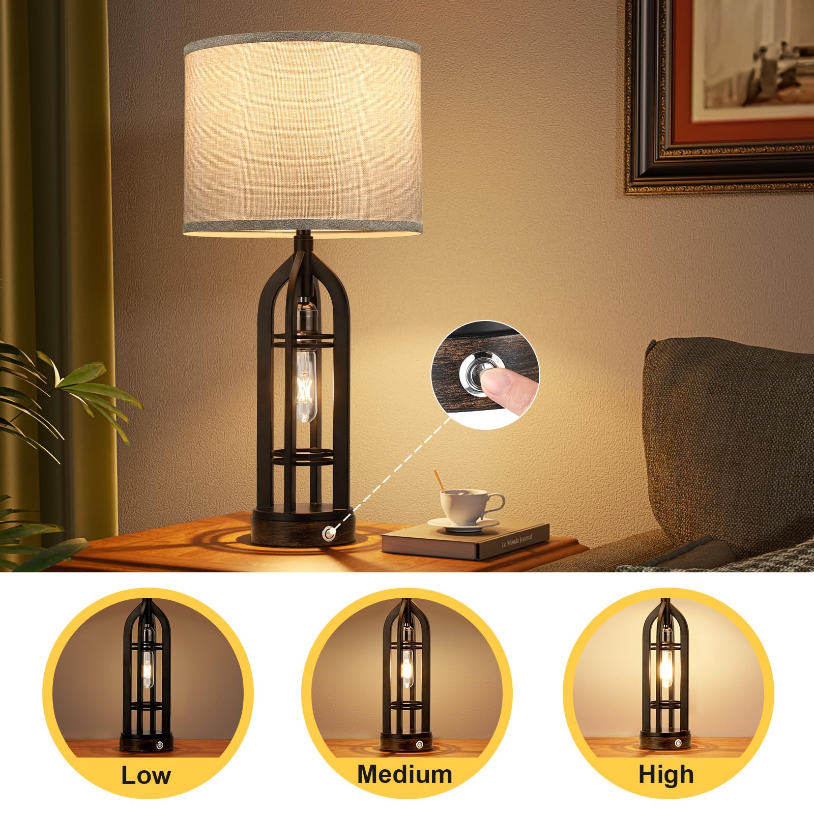 Seealle Table Lamp Set of 2 - 3-Way Dimmable Touch Lamps with USB C+A, C. Grey Shade & Black Body, Model 09163 for Living Room & Bedroom