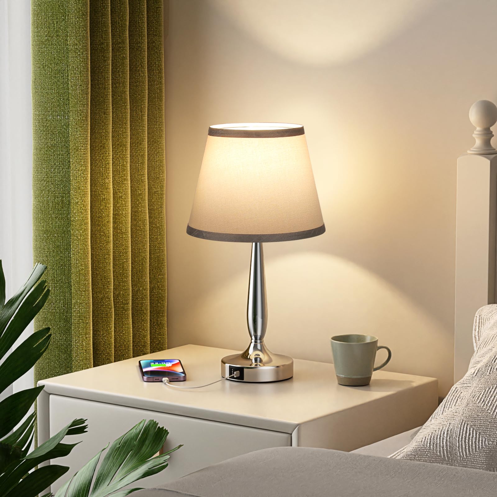 Kakanuo Touch Table Lamp - 3 Way Dimmable, USB C Charging, Gray Shade & Silver Base, Ideal for Bedroom & Living Room