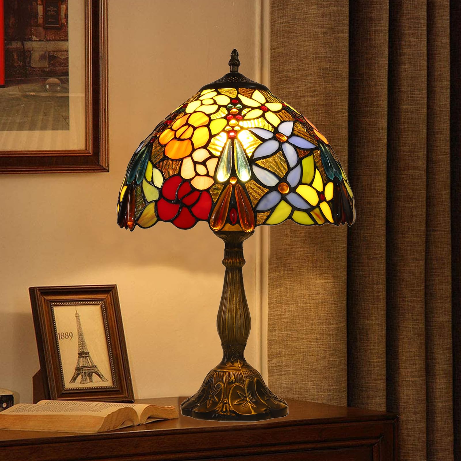 Tiffany Table Lamps For Bedroom Bedside Nightstand 12X1218 Inch Tall Rose Flower Grape Stained Glass Table Lamp For Living Room