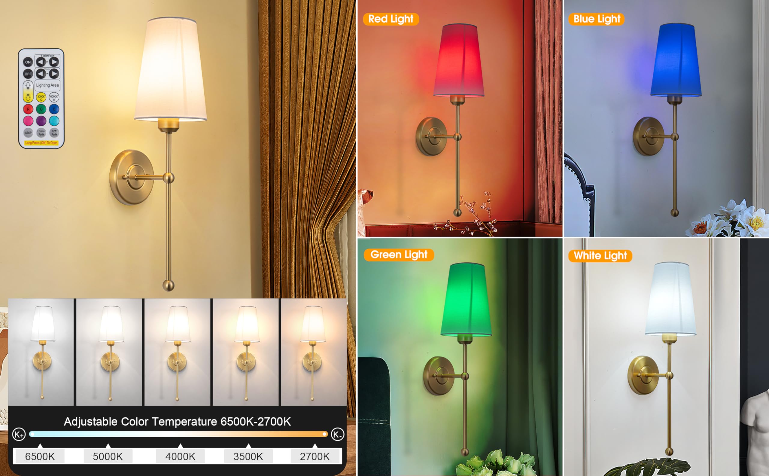 jengush 2 Light Battery Operated Wall Lights Fixtures with Remote Control, Wireless Battery Powered Wall Lamps with Fabric Shade