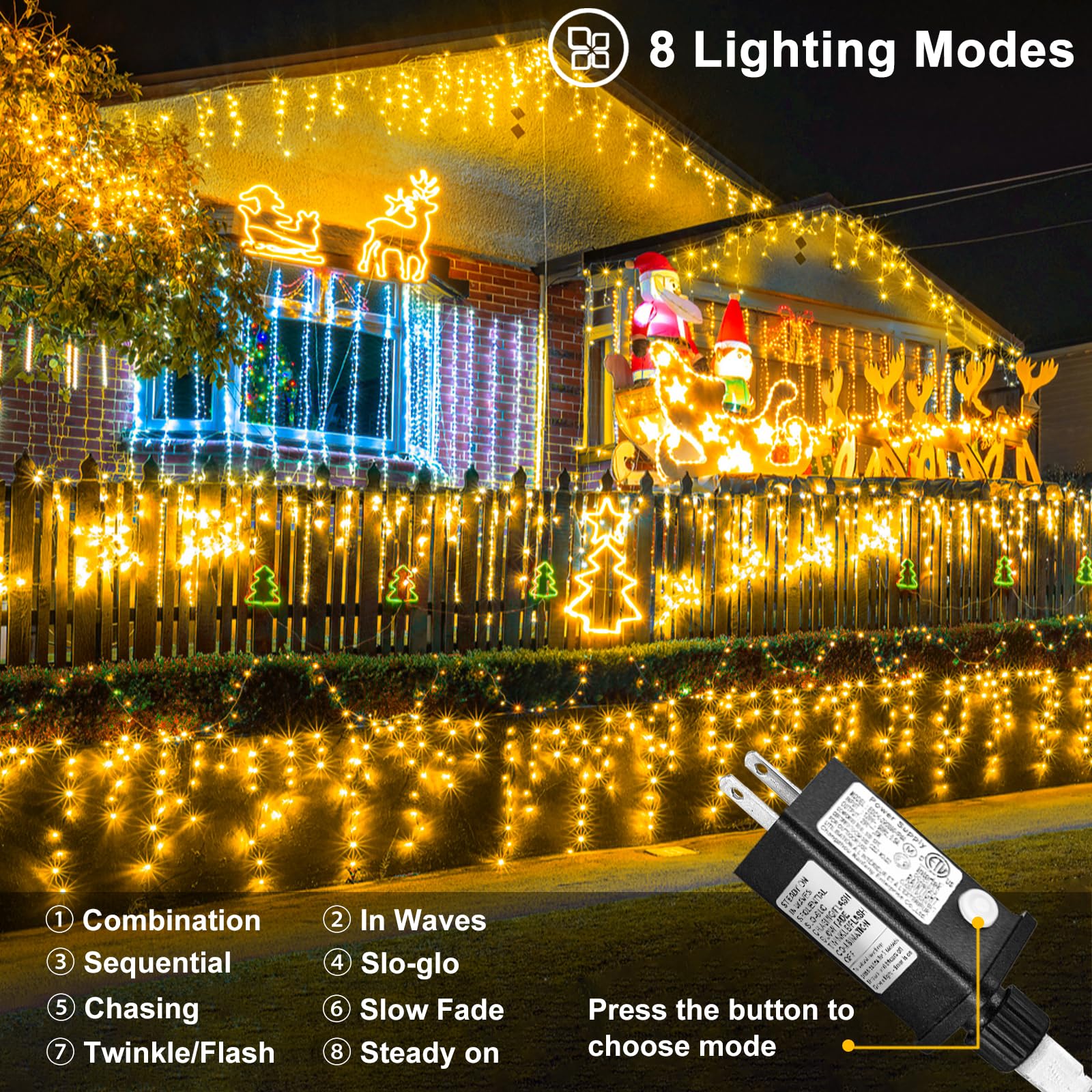 Nielfoi Warm White LED Icicle Lights, 66ft, 640 Lights, Waterproof, 8 Modes Timer, Clear Wire for Outdoor & Indoor Holiday Decoration