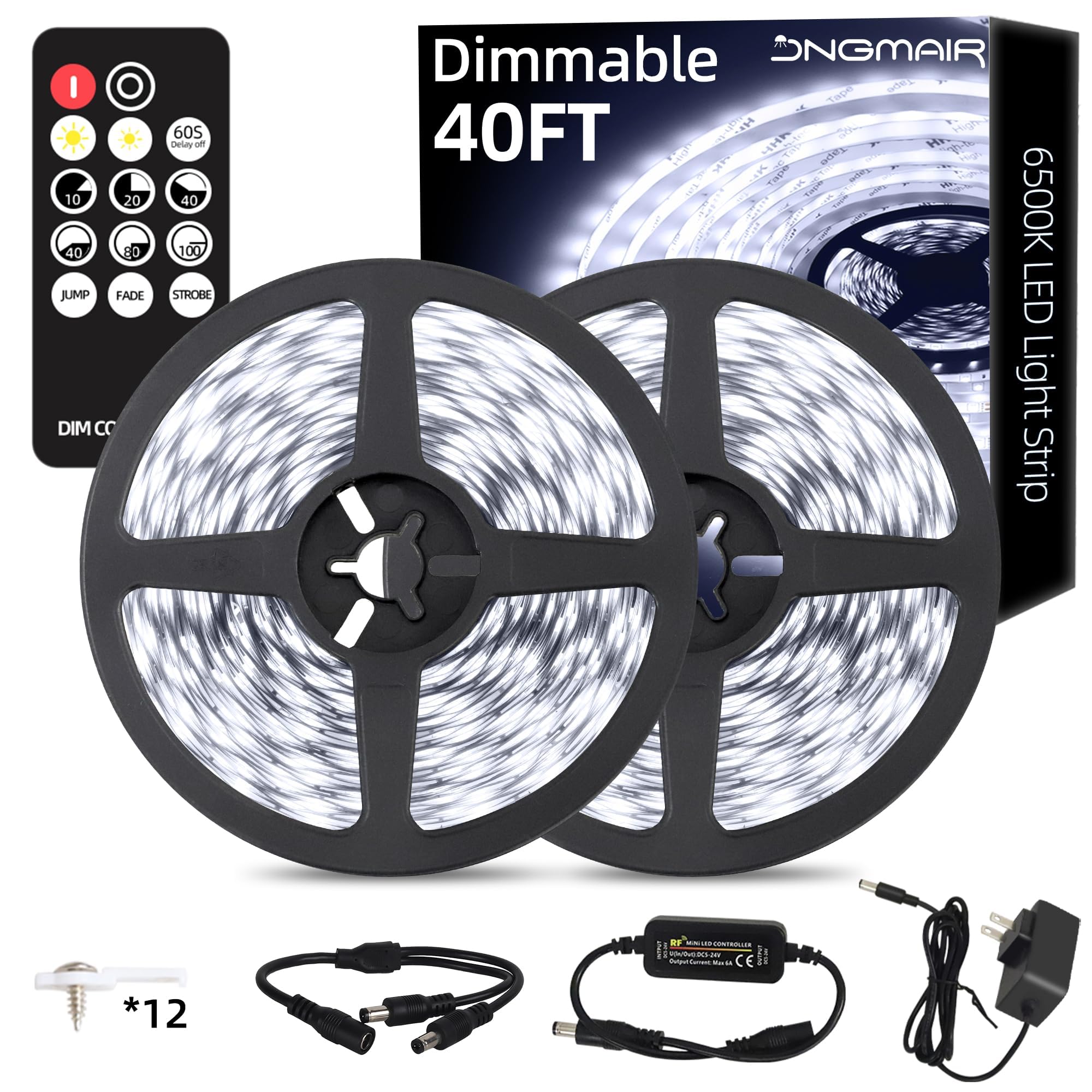 JNGMAIR 40ft LED Band Lights with Remote  6500K Daylight White Dimmable Tape Lights  12V 720 LEDs 2835 Strong Adhesive Rope Lights for Cabinet Kitchen Ceiling Closet Vanity Mirror Stairway Basement