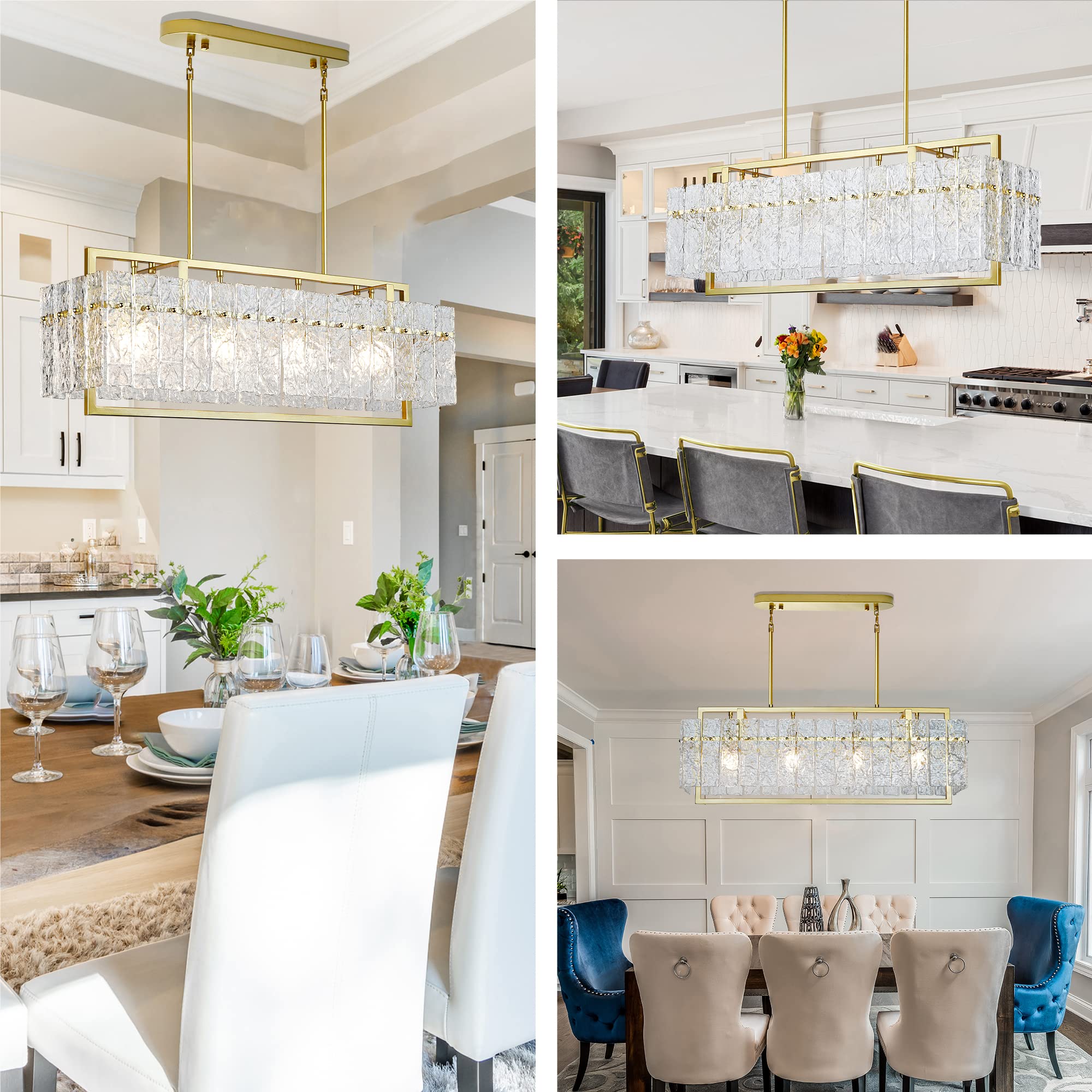 Modern Gold Rectangle Chandeliers For Dining Room, Crystal Water Ripple Light Fixture, Elegant Farmhouse Linear Lighting For Kit