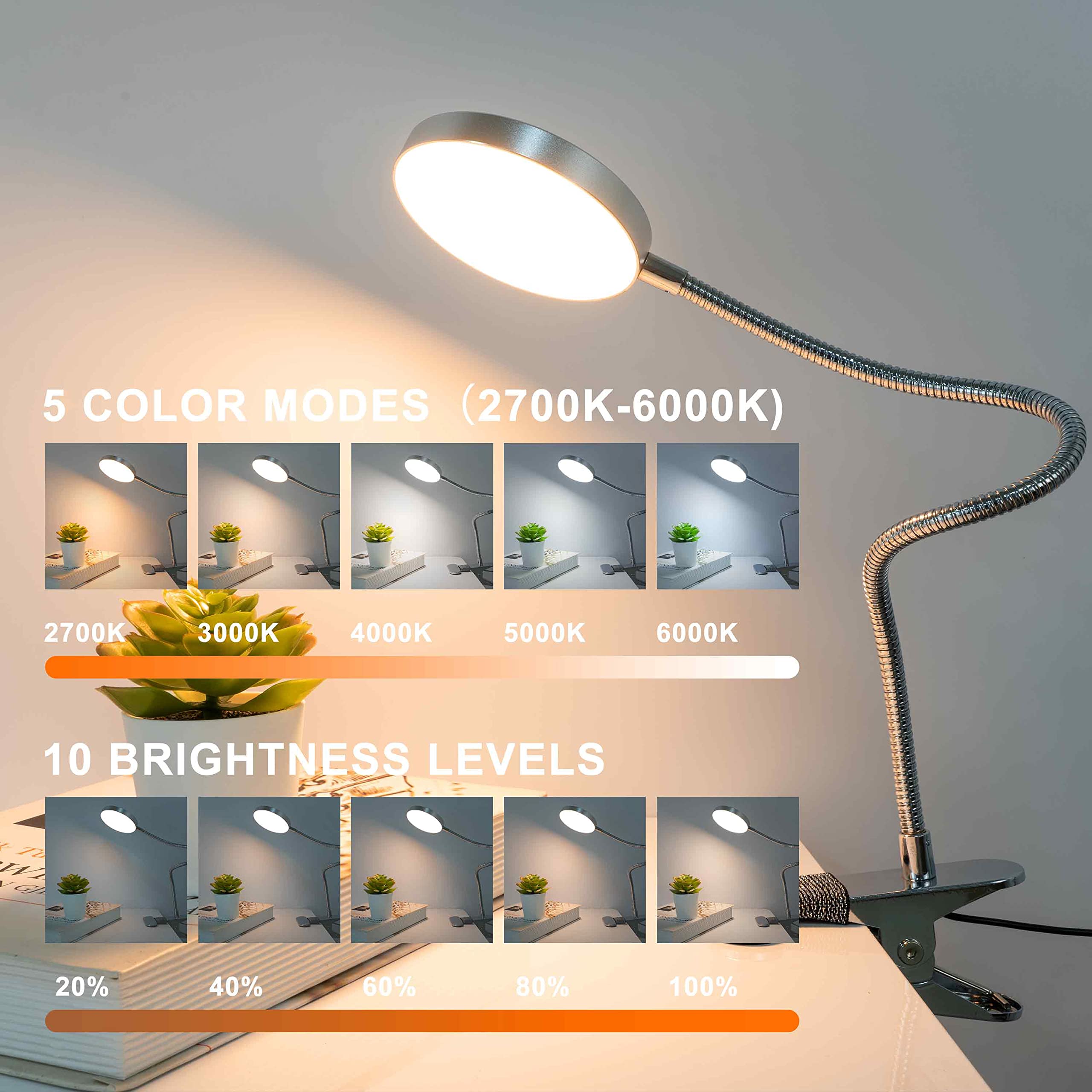 LiFMIRA Clip on Lamp - 8W LED Light, 5 Color Modes, Silver, Gooseneck Clamp for Reading, Desk, Video Conferencing, Model HL-TJ8010A