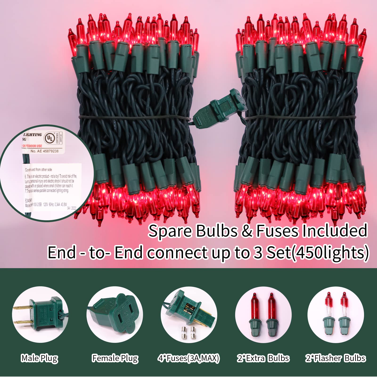 Lamphome Super-Bright Extendable Red Christmas Lights Decoration 300 Lights 63.8Ft(2Pk Of 150L) Ul Certified Mini Bulb String Lights Set For Outdoor Christmas Tree Garden Holiday Party Patio Decor