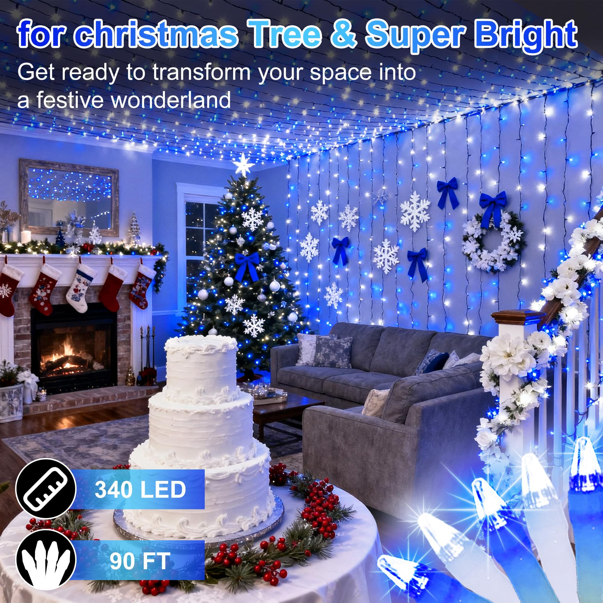 340 Led 90Ft Christmas String Lights Outdoor  12 Pro Modes And Timer Memory & Brightness  Plug In Outdoor Waterproof Clear Wire Twinkle Light For For Xmas Yard Tree Wedding Party Decor (Blue & White)