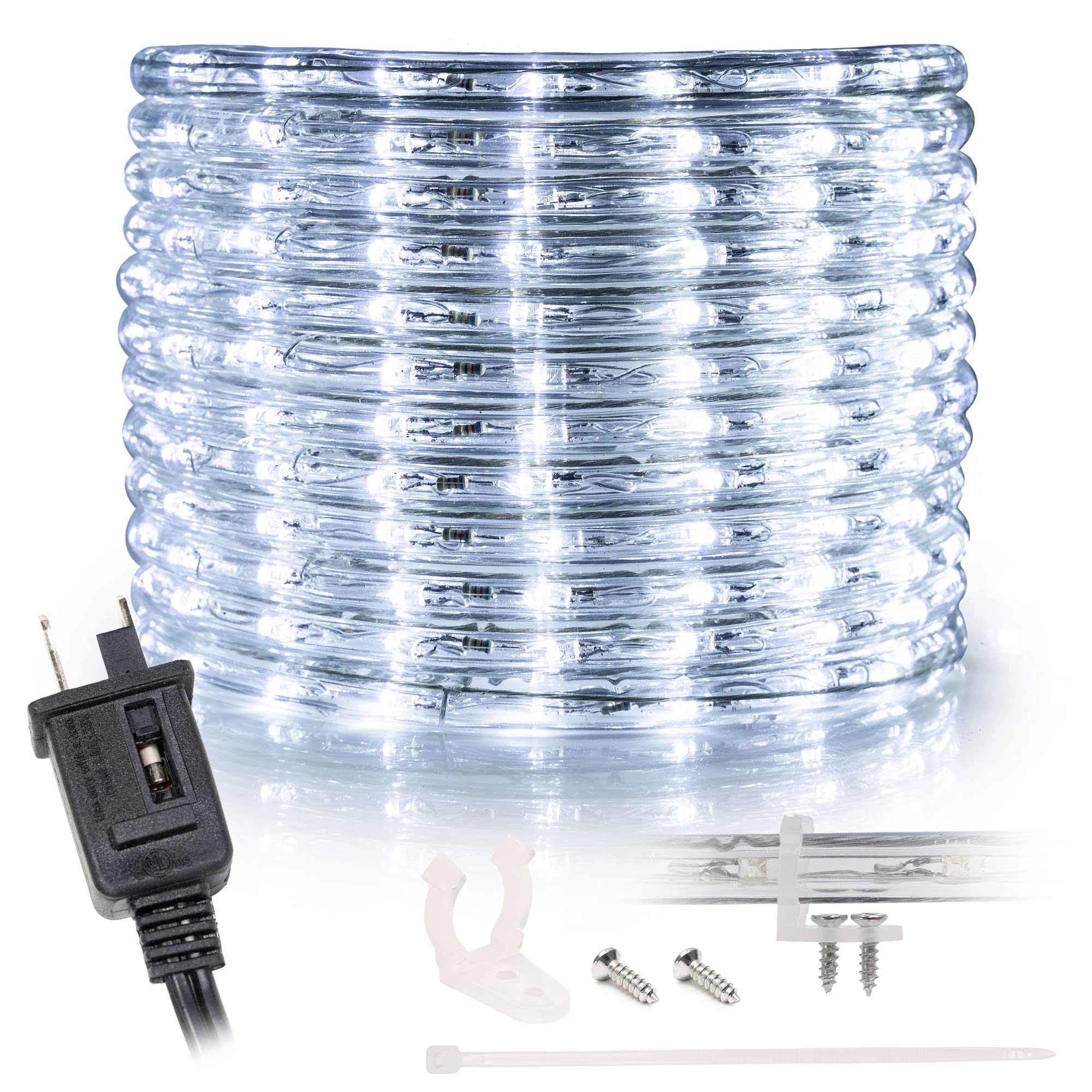 WYZworks 216LEDs, 20ft LED Rope Light, Connectable Waterproof Permanent Outdoor Clear PVC Tube, ETL Certified, Christmas Trees Holiday Decorative Landscape Backyard Patio Accent Lighting - Cool White