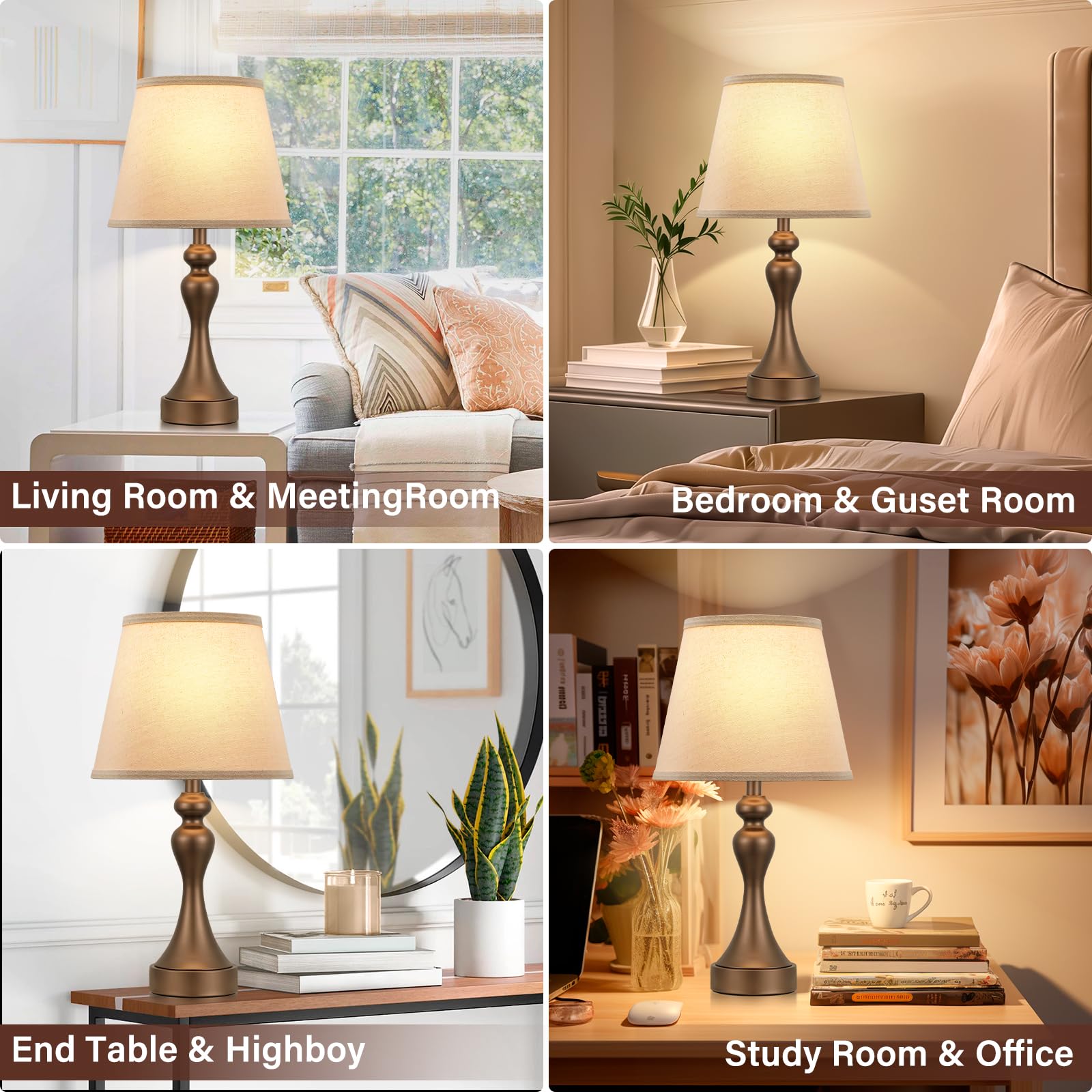 Seealle Touch Lamps Set of 2 - 3 Way Dimmable, Metal, Oat Shade & Brown Base, 9.5 x 9.5 x 19 inches, USB C