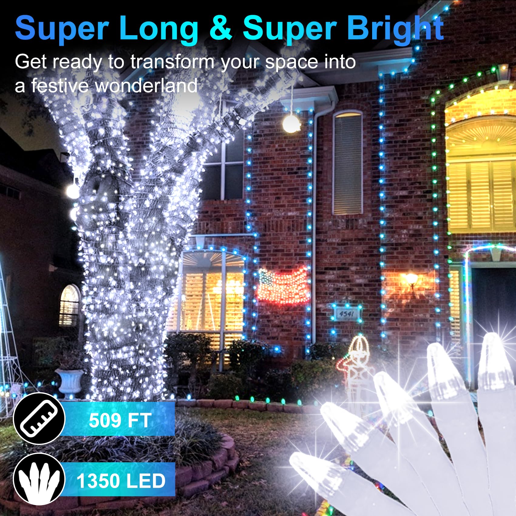 YHBJKCZ Christmas Lights Outdoor 1350 LED Cool White Waterproof Plug In with Timer & 8 Modes, Model HS-1350L