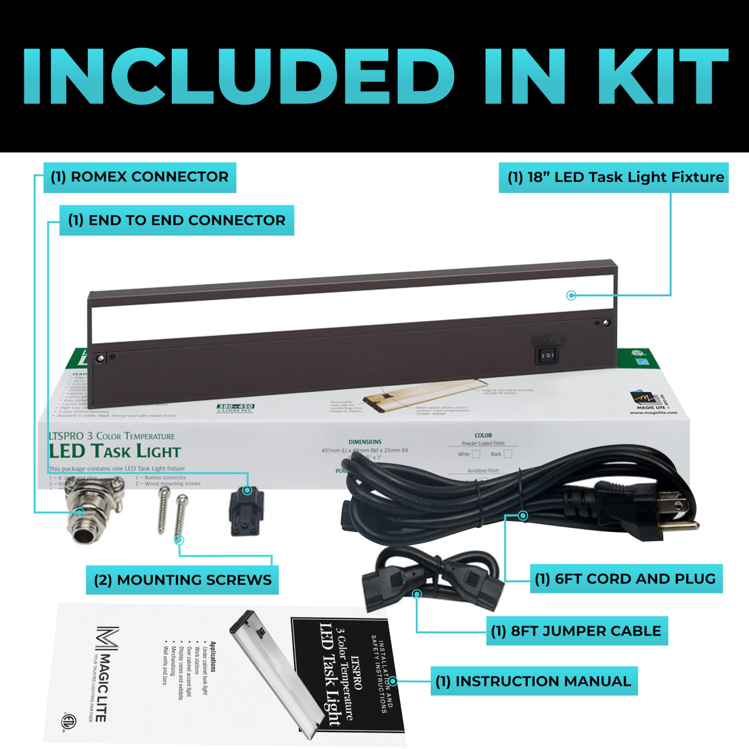 Led Under Cabinet Lighting Hardwired - Linkable Undercabinet Lights For Kitchen - 3Cct 18 Inch Bronze Finish - Undercounter Dimmable Plug In Light Or Hard Wired - Under Counter Fixture Direct Wire