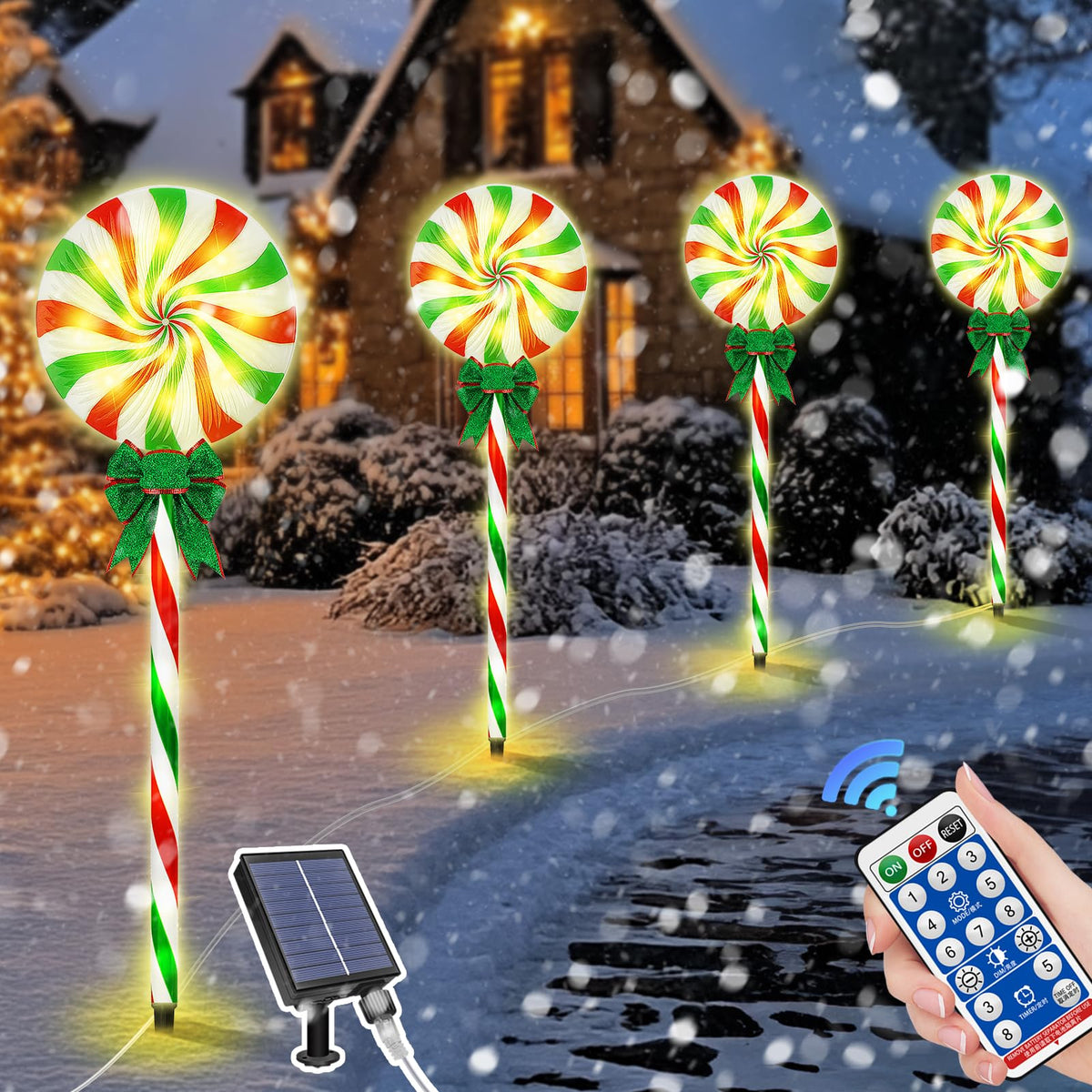 Evoio 4 Pcs Solar Candy Pathway Lights Christmas Decorations Outdoor Yard, 8 Lighting Modes & Timer With Stake Waterproof Solar