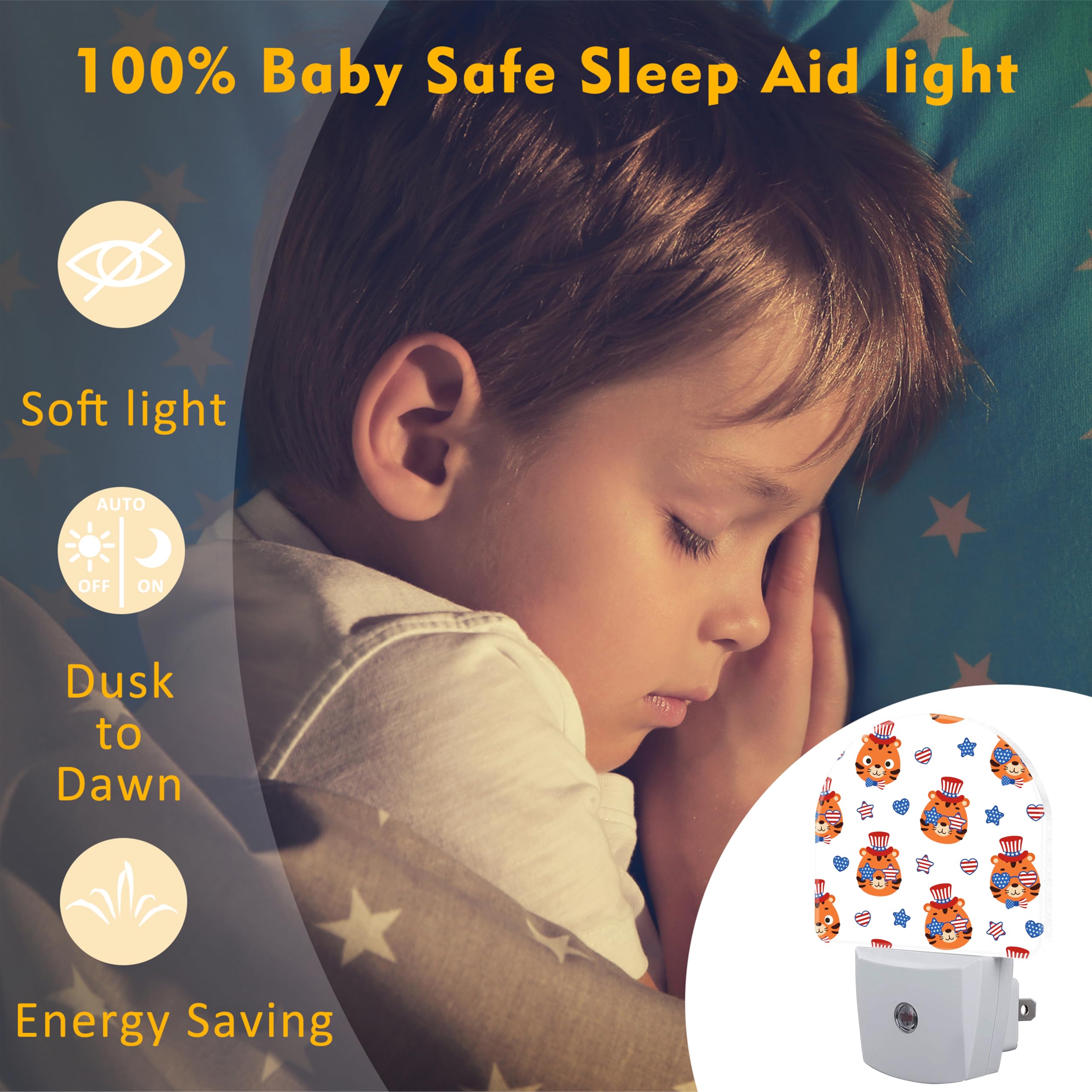 American Flag And Cute Tigers Night Light Plug Into Wall, Cartoon Animals Patriotic Dusk To Dawn Night Light,0.5W Energy Saving