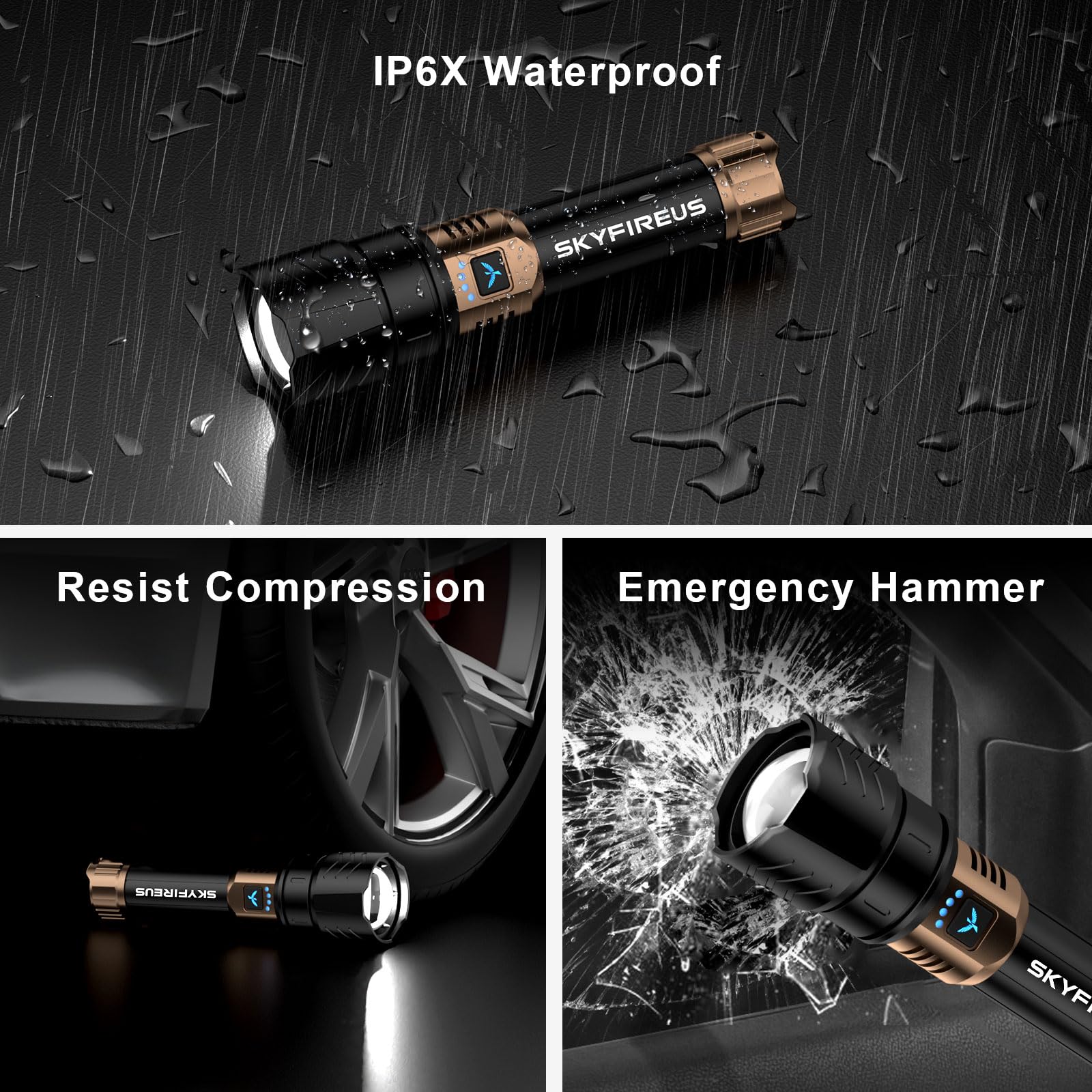 SKYFIRE Rechargeable Flashlight, 8000mAh, High Lumens, Zoomable, Waterproof LED, Model SF-1097-Type, Ideal for Camping and Emergencies