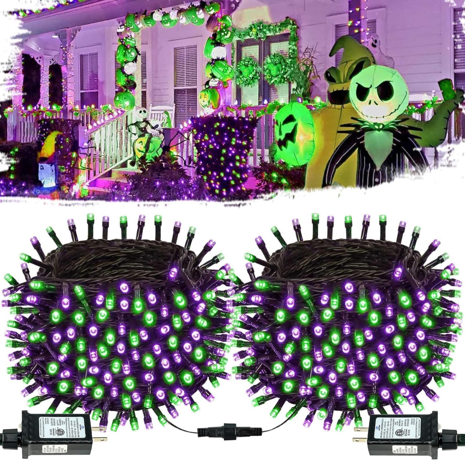 Connectable Purple And Green Halloween Lights, 2Pack 164Ft 400Led 13 Modes String Lights Plug In, Twinkle Light With Timer Indoo