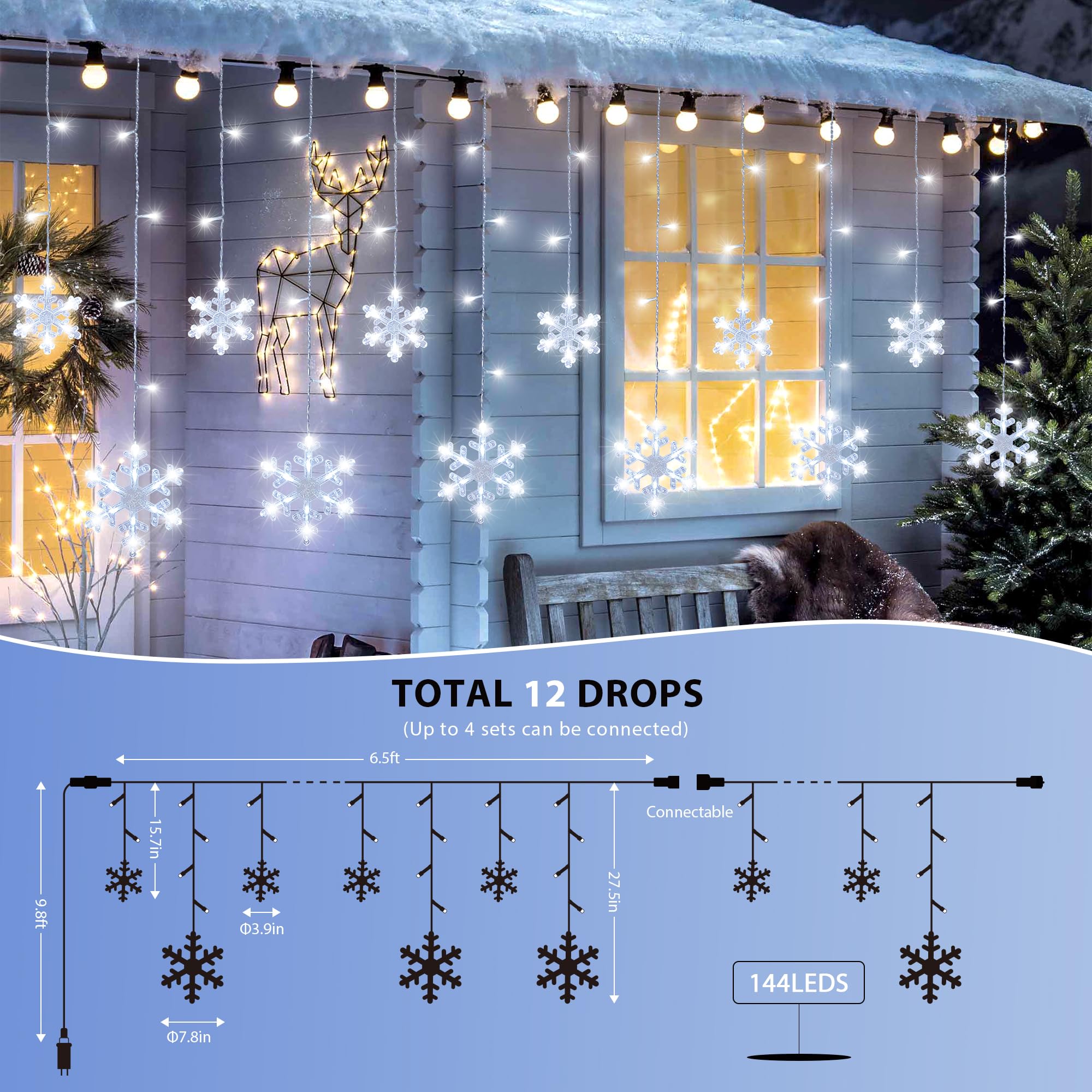 Qunlight 144LED Christmas Snowflake Icicle Lights, 6.5ft Outdoor Fairy Light, Waterproof, White, 8 Modes for Indoor/Outdoor Xmas Decor