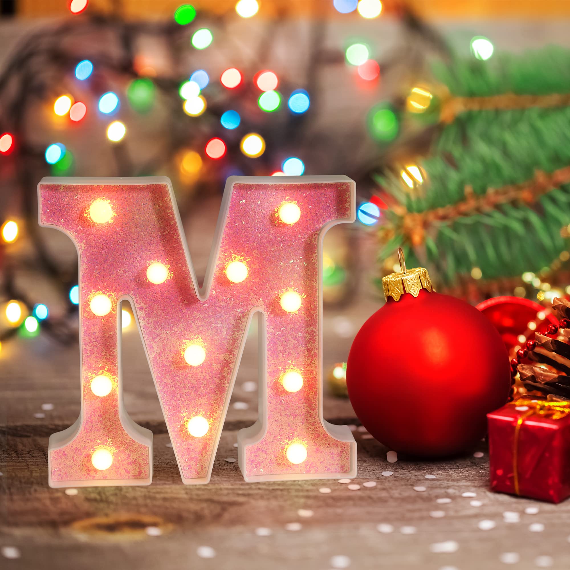 Foaky LED Letter Light Sign, Pink Glitter Alphabet for Parties, Battery Powered, Model J