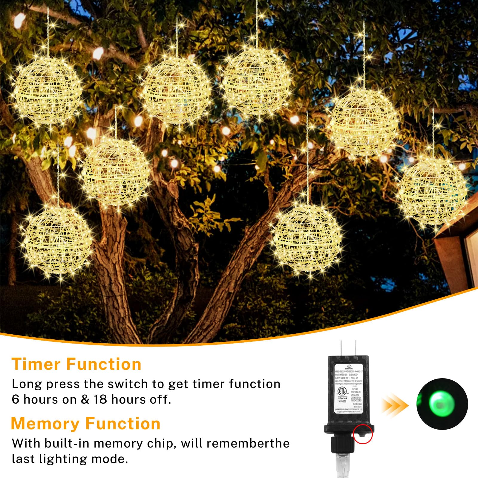 Outdoor Balls String Lights 4 Pack Hanging 7.9&quot; Led Garden Sphere Tree Lights 8 Modes Waterproof Glow Globe Lights With Memory Timer Plug For Yard Porch Patio Balcony Deck Indoor Home Decor-Warm White