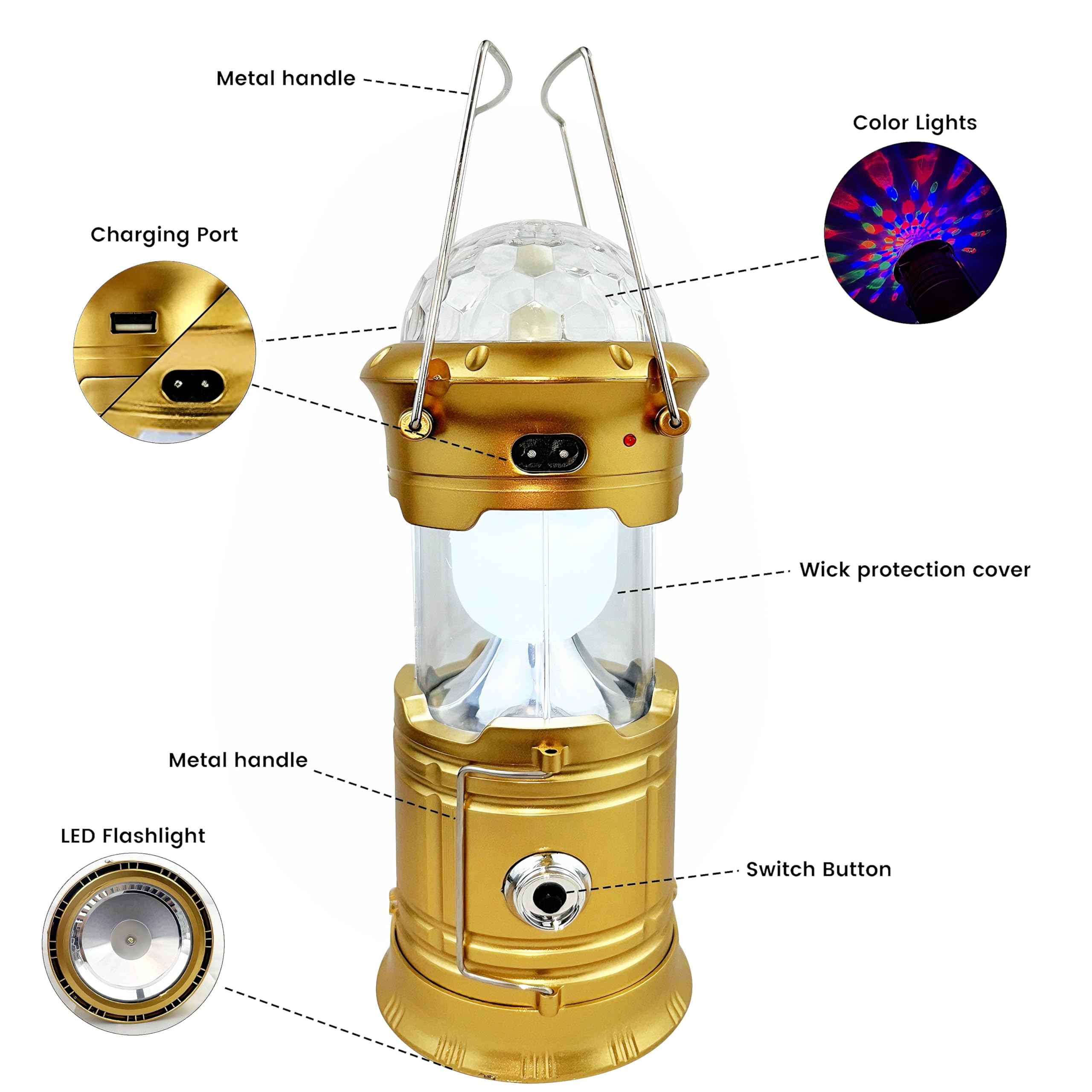 SZJIEIFR LED Camping Lantern, Waterproof, Rechargeable, RGB, Gold Model