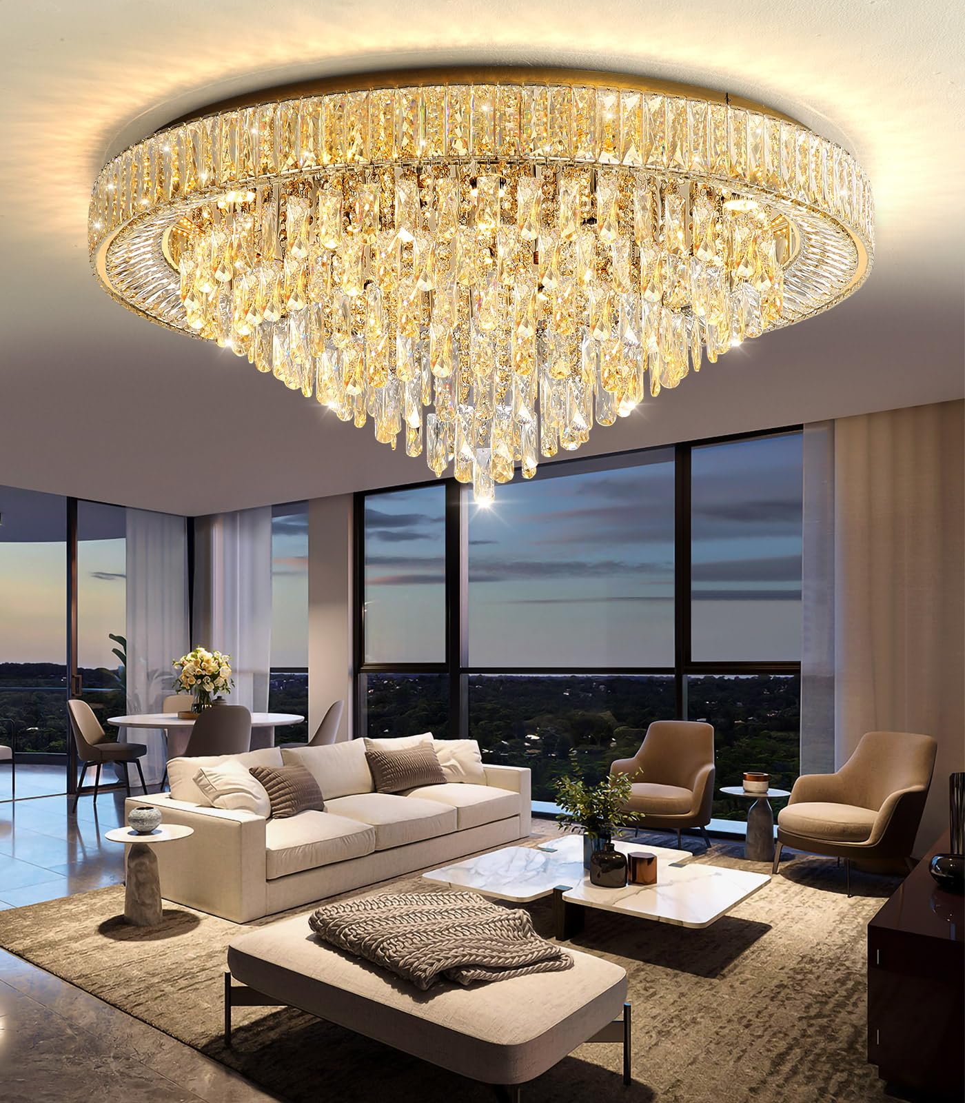 dolria Modern Crystal Large Chandeliers LED Dimmable Flush Mount Ceiling Chandeliers for Living Room High Ceiling Entrance Foyer