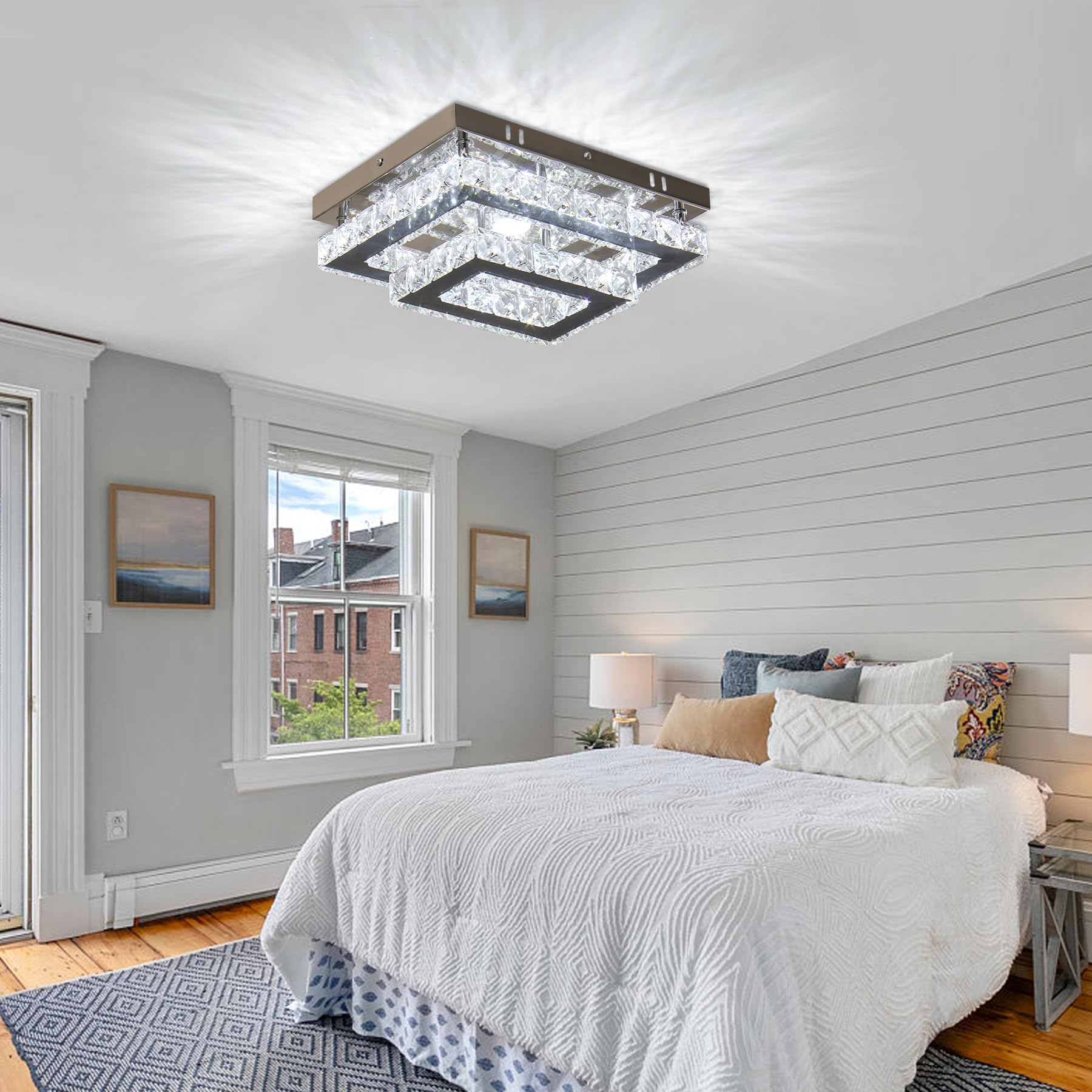 Finktonglan Led Crystal Ceiling Light, Modern K9 Stainless Steel Flush Mount For Living Room/Bedroom