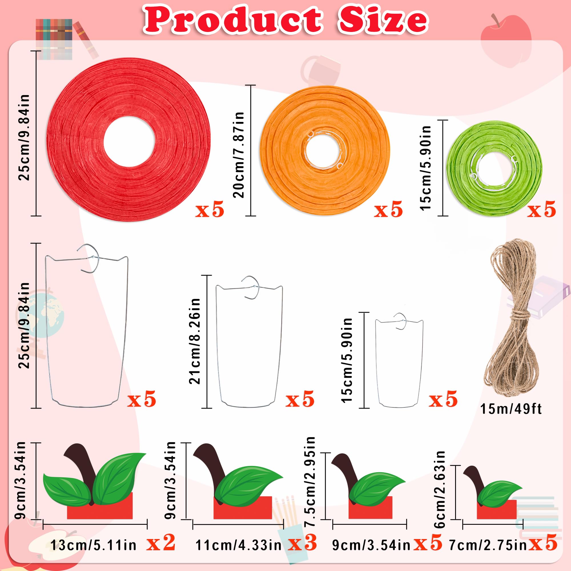 15Pcs Classroom Decor Apple-Shaped Paper Lanterns Back To School Decorations Hanging For First Day Of School Teacher Aappreciate