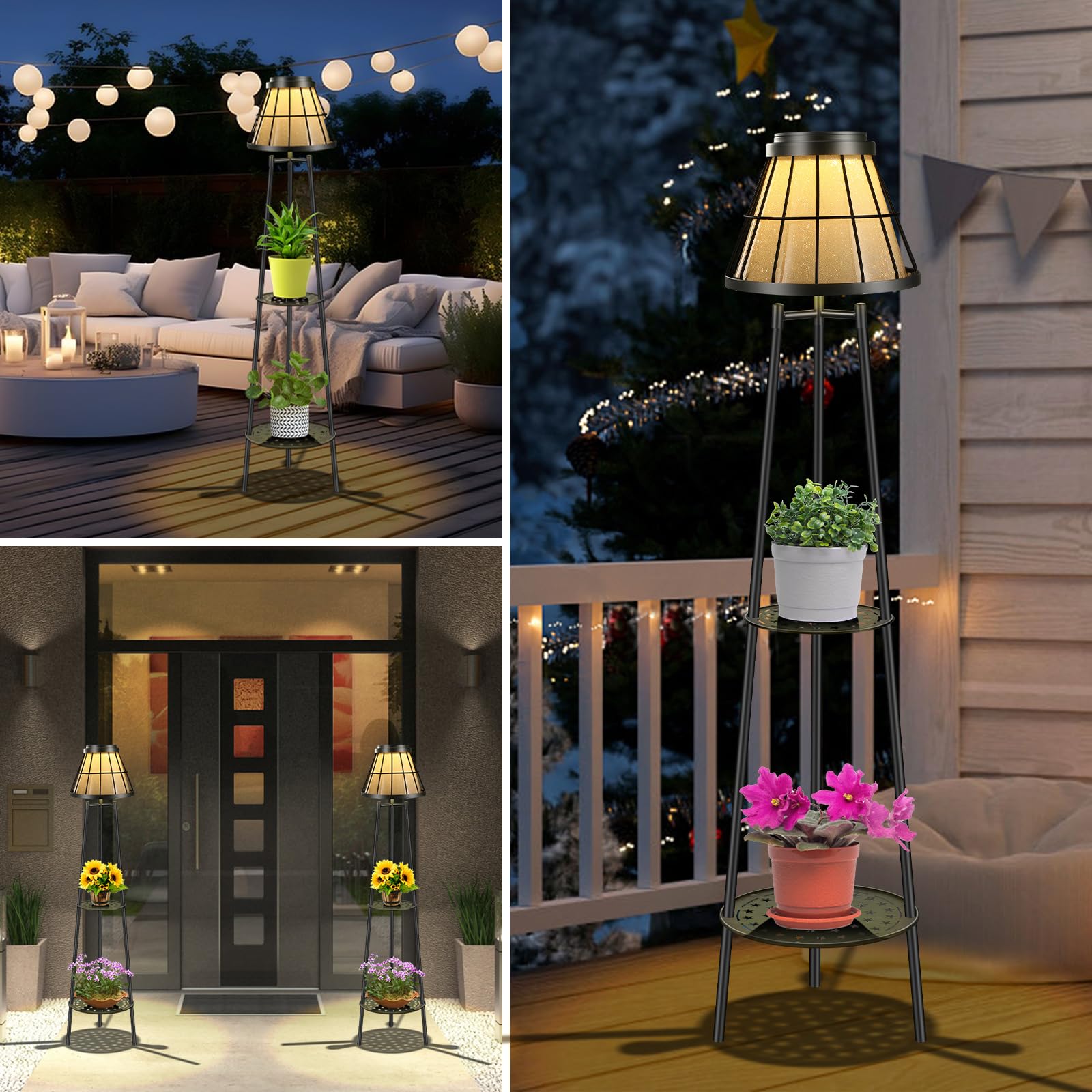 Solgicar 45.4'' Metal Outdoor Floor Lamps With 2 Plant Stand, Solar Lights Plant Stand, Waterproof Solar Lantern Lights For Patio Deck Yard Garden Porch - Black