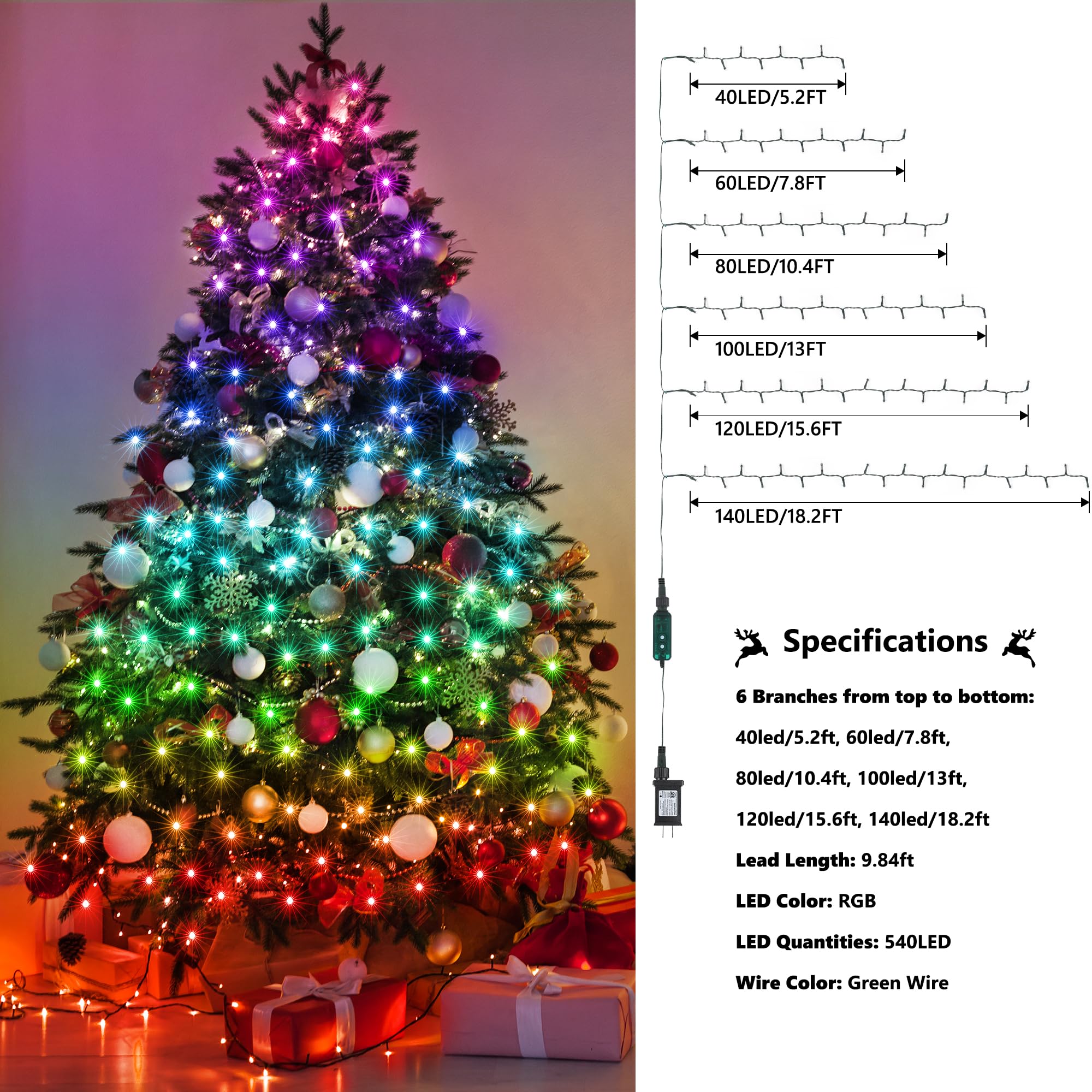 iBaycon RGB Christmas Tree Lights, 540 LED Waterproof with Remote & Timer, Color Changing for 5ft to 9ft Trees, Model SSL540-S(IC)