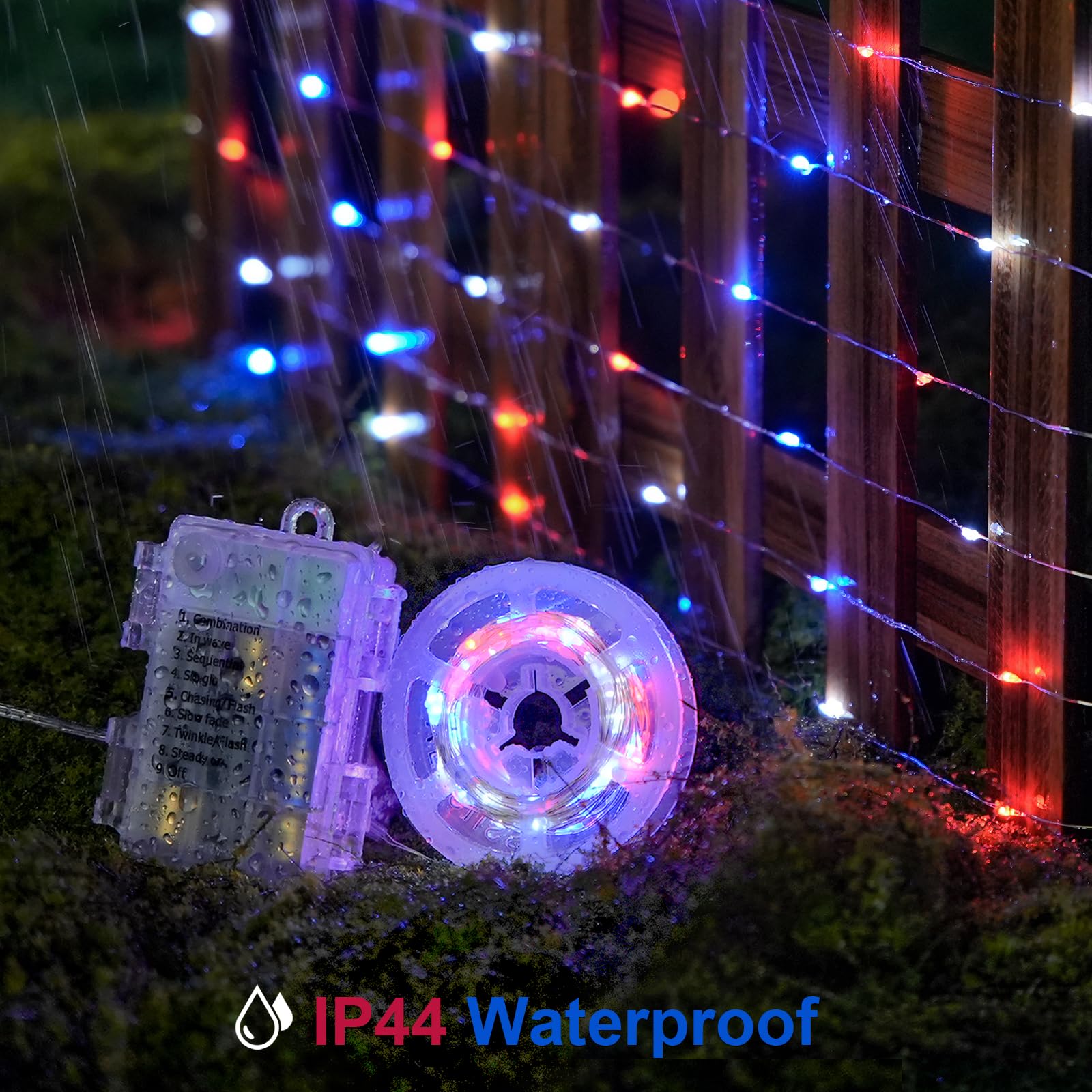 JMEXSUSS Battery Operated Fairy Lights, 200 LED, 66ft, 8 Modes, Copper, Red White Blue, 2 Pack