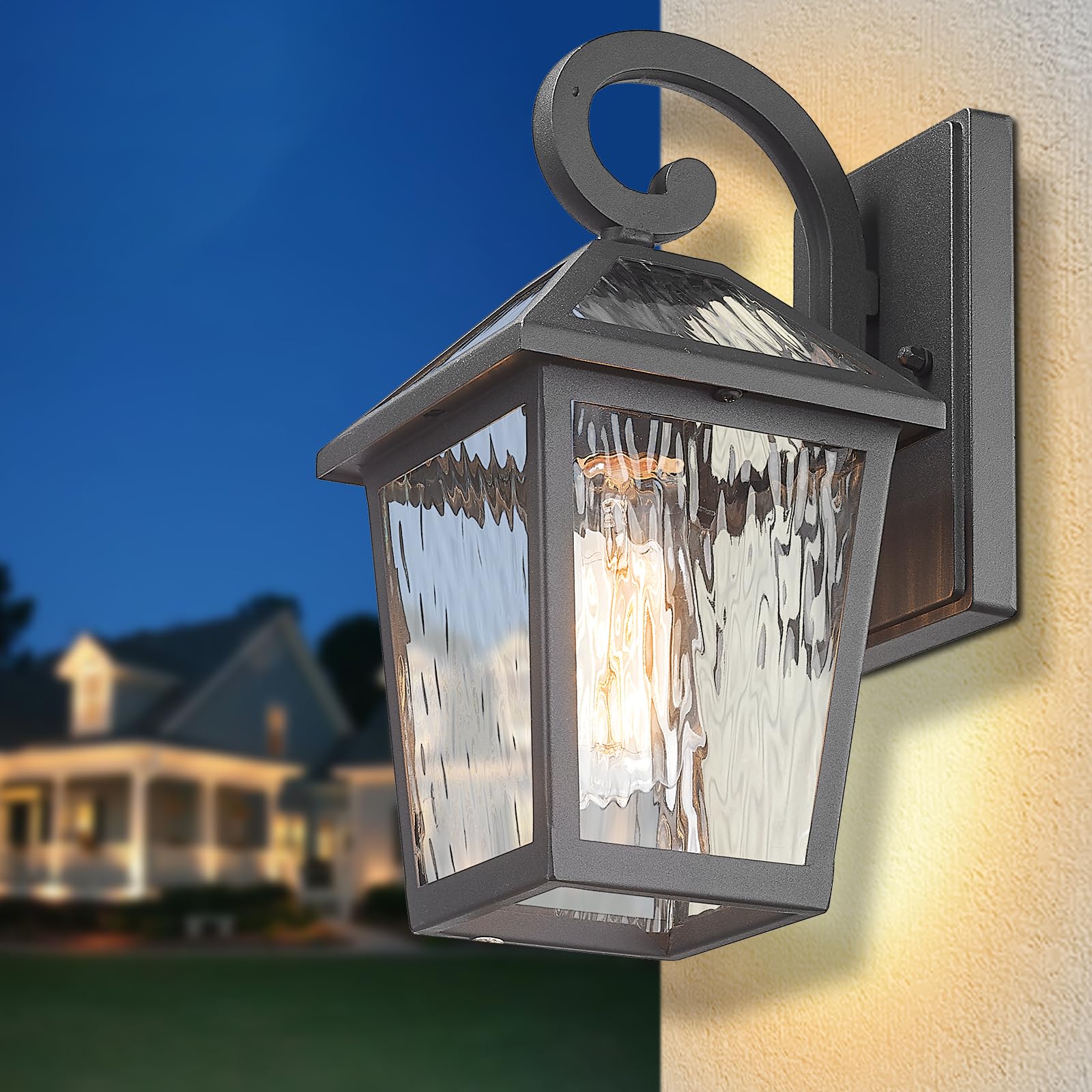Luminzone Outdoor Wall Lantern, Waterproof Matte Black Sconce Light, Small, Model 7H1B-M WH, Water Ripple Glass, 1 Pack