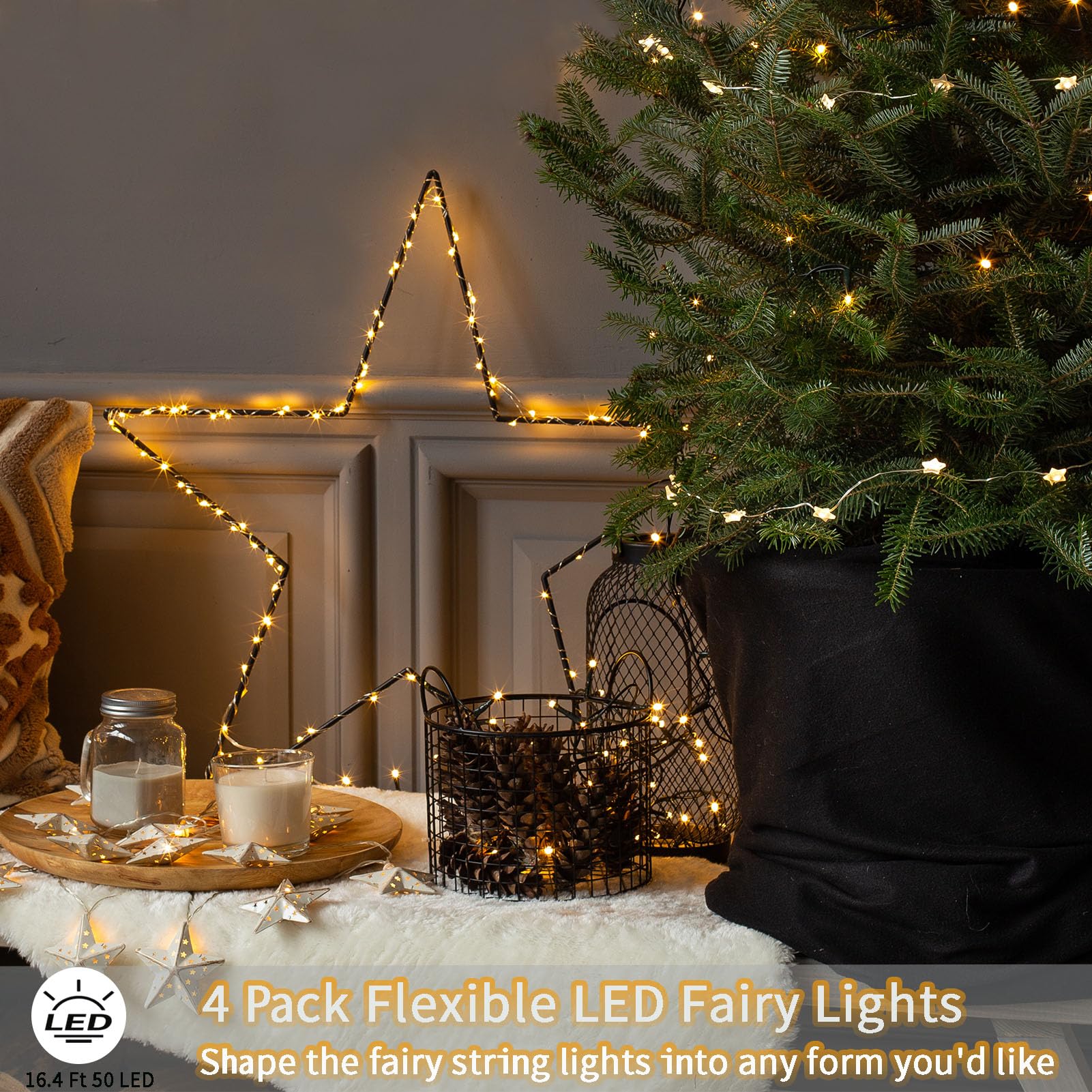 Dealbeta 4 Pack Battery Operated Fairy Lights, 50 Led Warm White Starry String Lights, Dark Green Wire