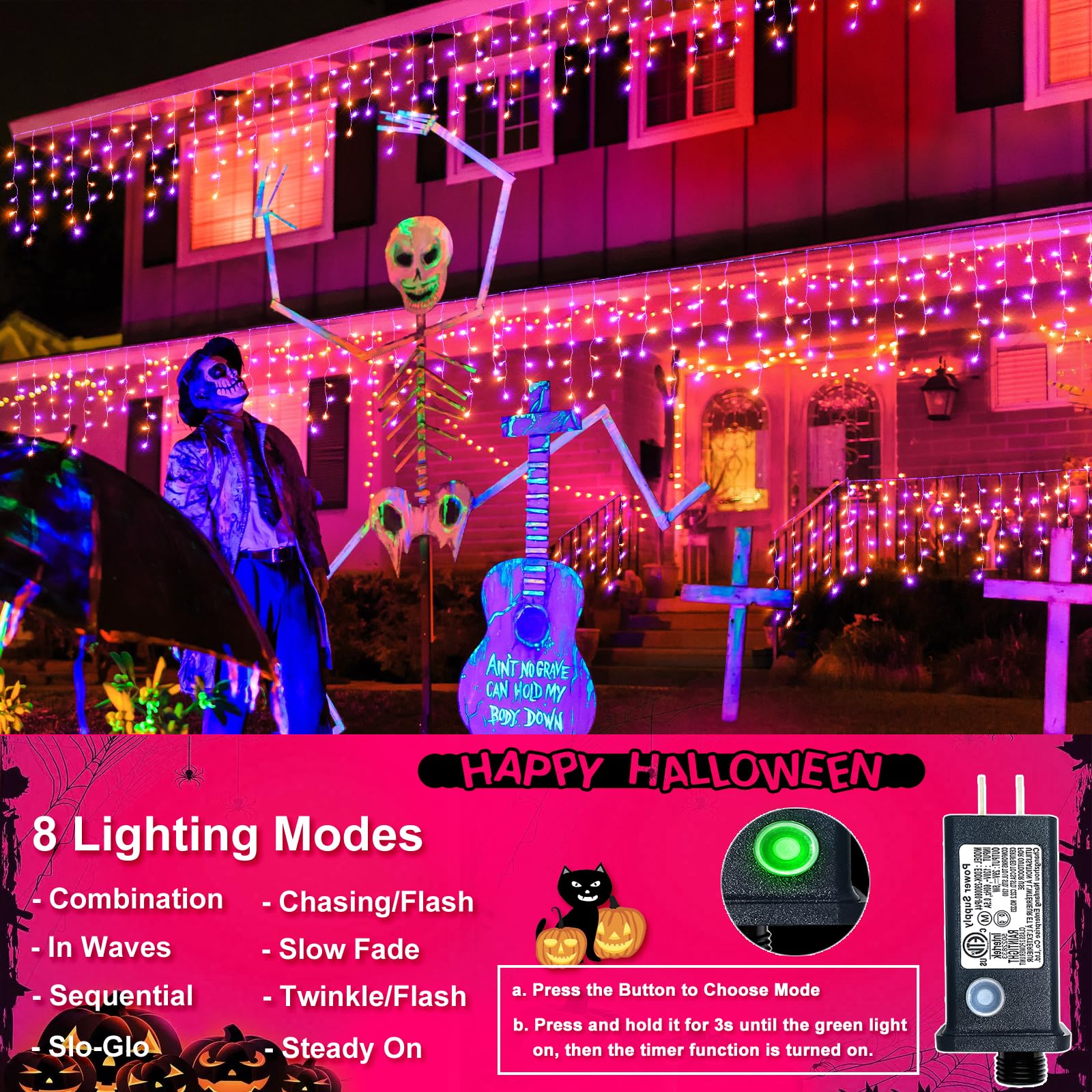 Xmasbokeh 66Ft 640 Led Christmas Lights Outdoor, Purple Orange Icicle String Lights With 8 Modes 120 Drops Waterproof, Plug In Curtain String Lights For Indoor House Room Patio Party Decorations