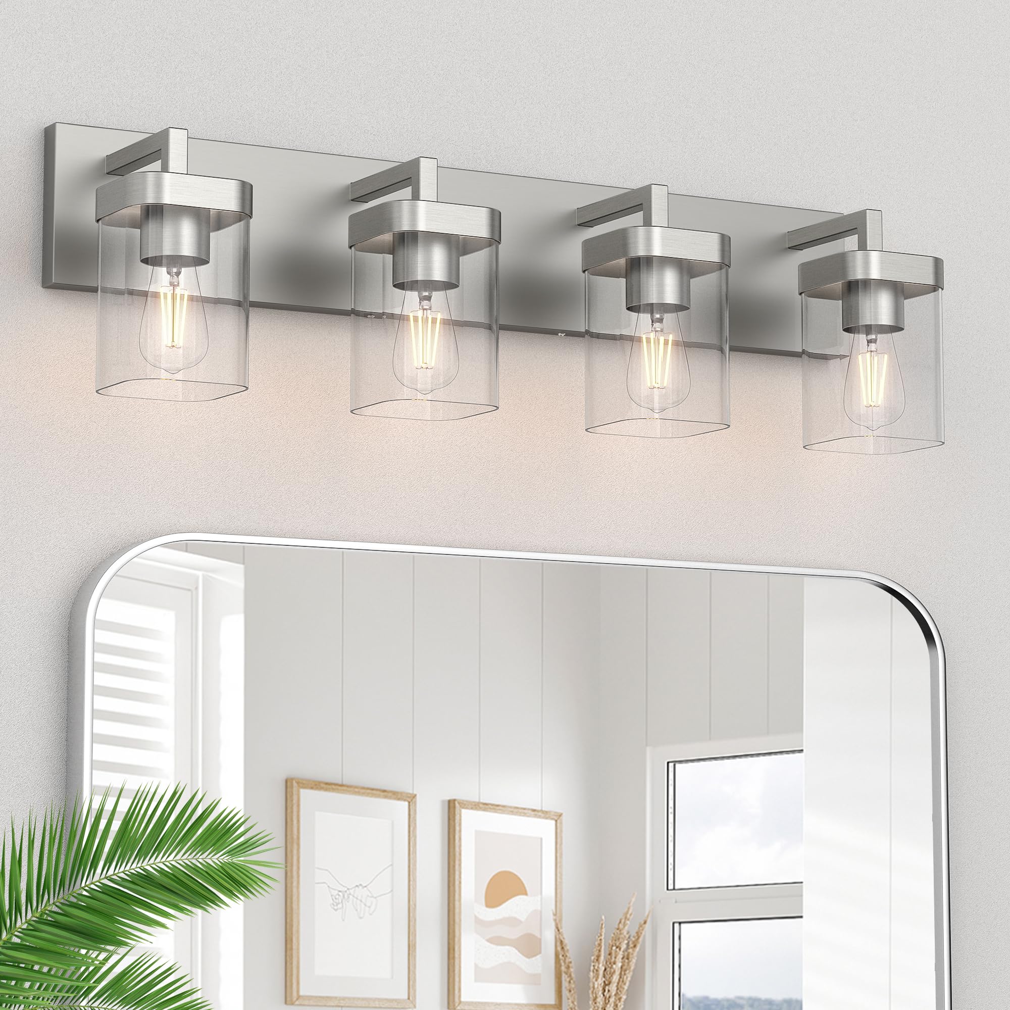 Danshinro 4-Light Brushed Nickel Bathroom Light Fixtures, Modern Vanity Lights with Clear Glass Shades, Model L23-4-NL