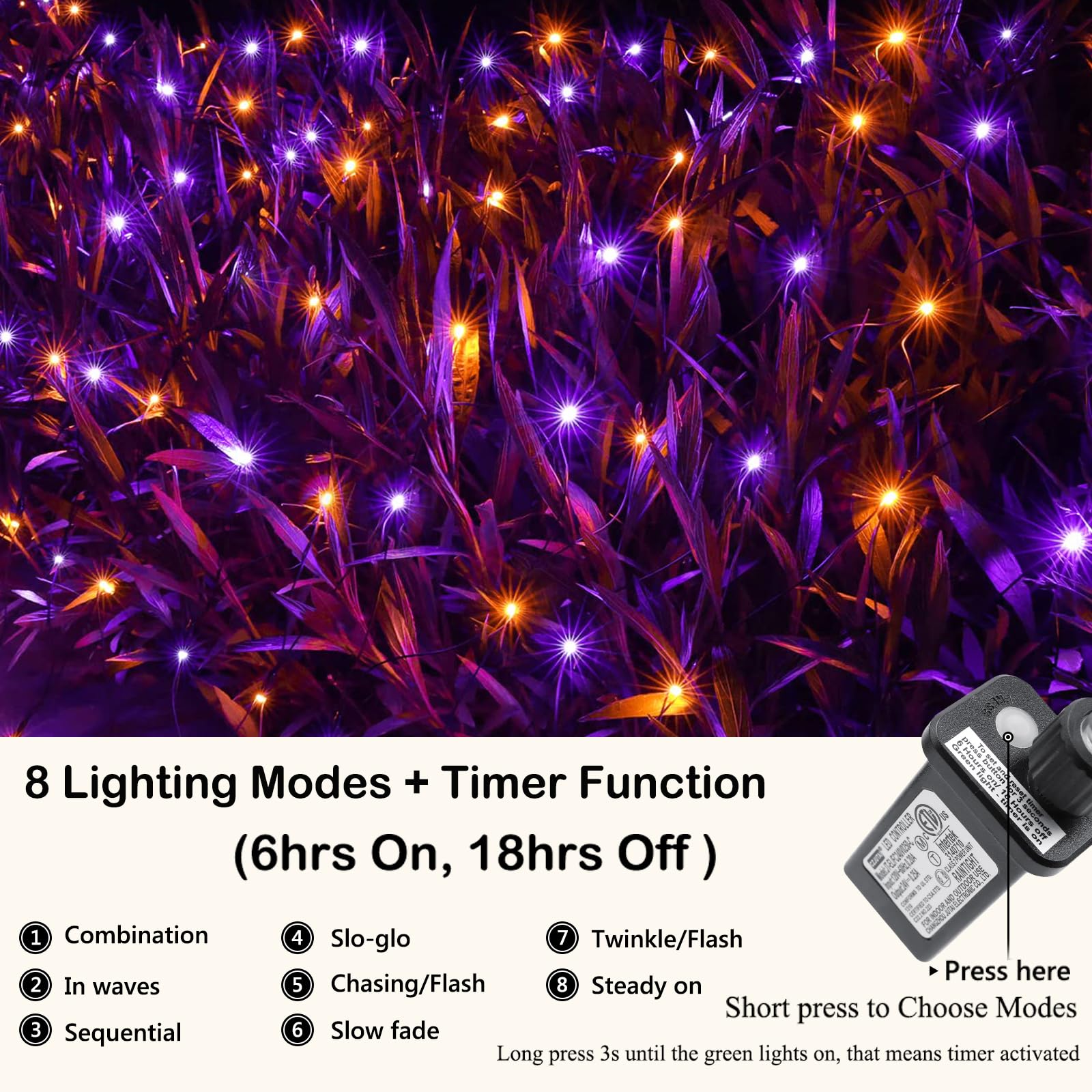 Joomer 12ft x 5ft Halloween Net Lights, 360LED, Orange Purple, Waterproof, Green Wire, 8 Modes Timer, Model JT-EL/FC300V0200