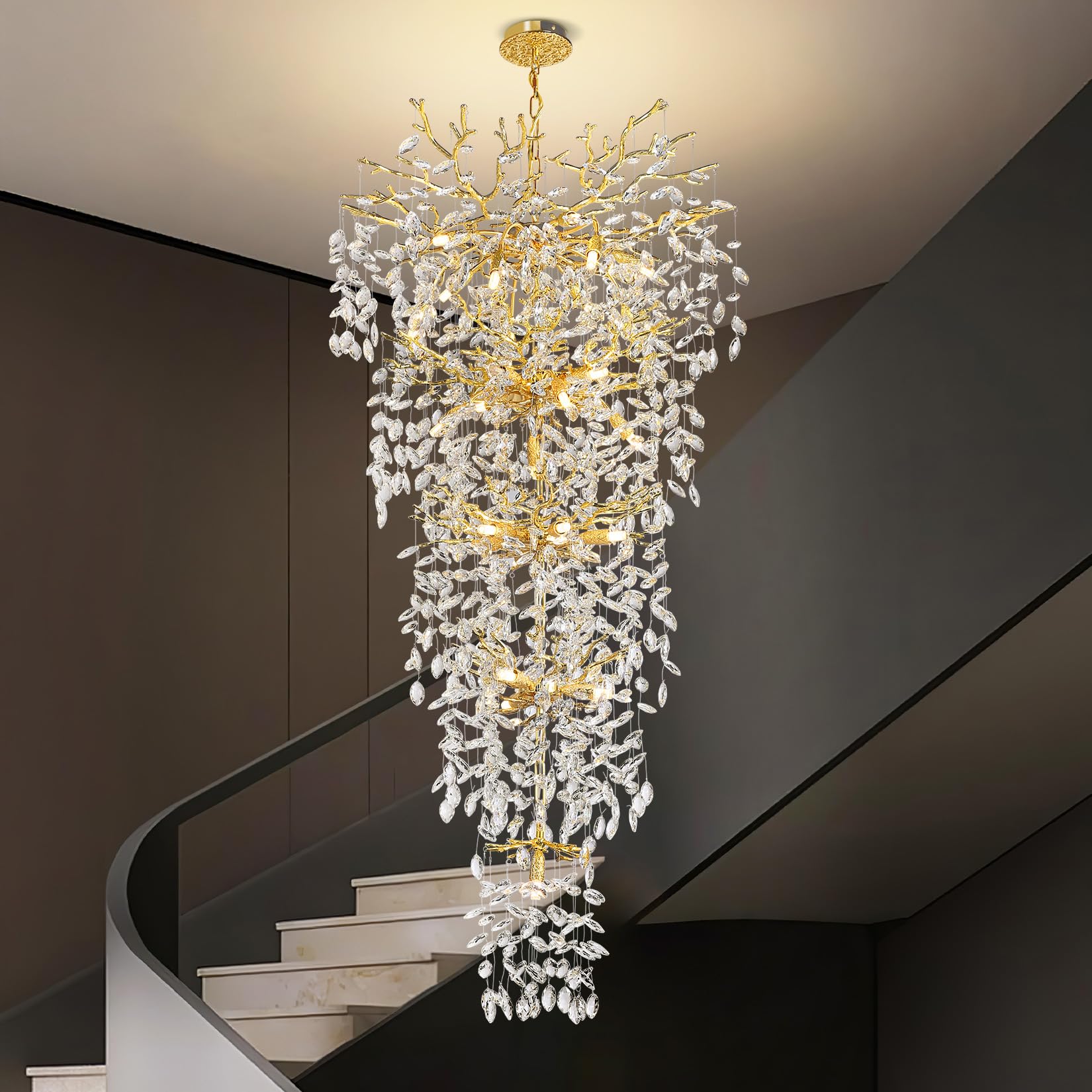 Yuyi 118'' Modern Crystal Chandelier For High Ceiling, 28-Light Gold Long Tree Branch Chandelier, Large Chandeliers For Foyer En