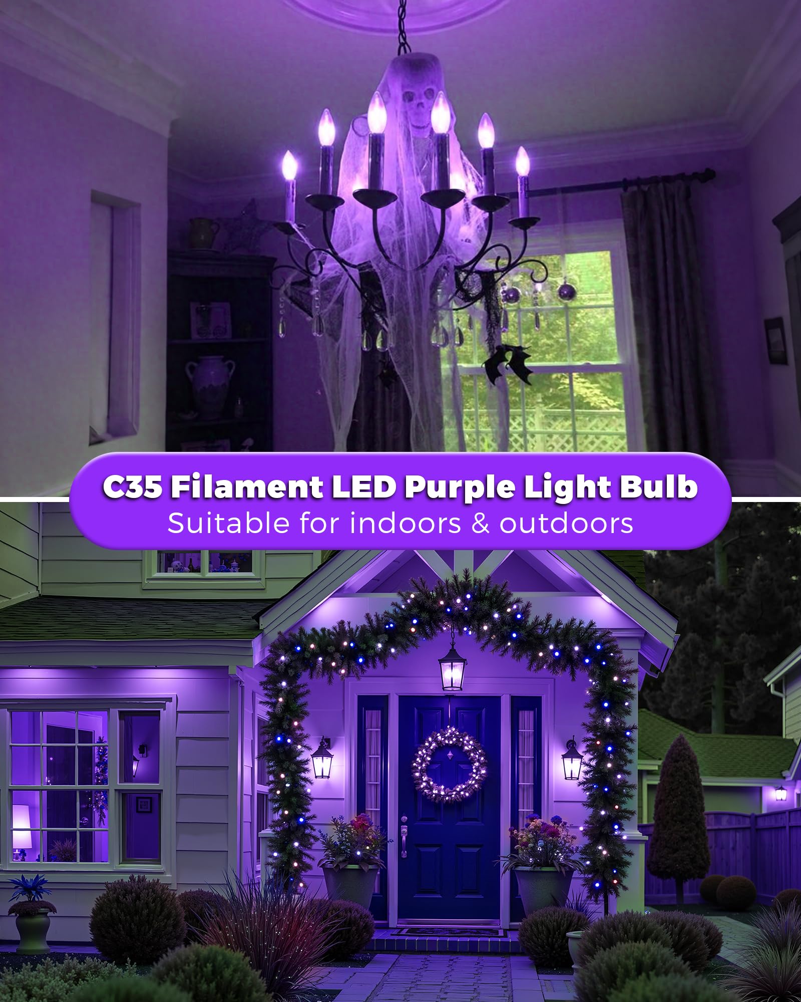 Flaspar 3 Pack E12 Led Purple Light Bulbs  E12 Filament Candelabra Bulb 4W 40W Equivalent  Vintage Led Purple Lights For Christmas Light Bulbs  Porch  Halloween Party  Black Decorative Lighting