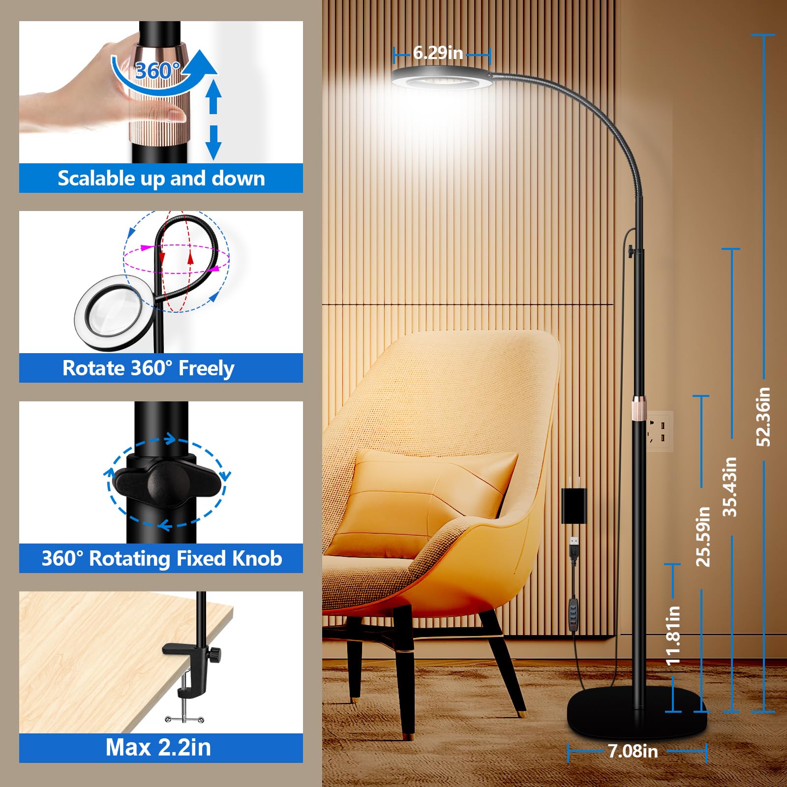 Hitti 10X Floor Magnifying Glass With Light, Flexible Gooseneck Magnifying Floor Lamp, 3 Color Modes Stepless Dimmable Led Light