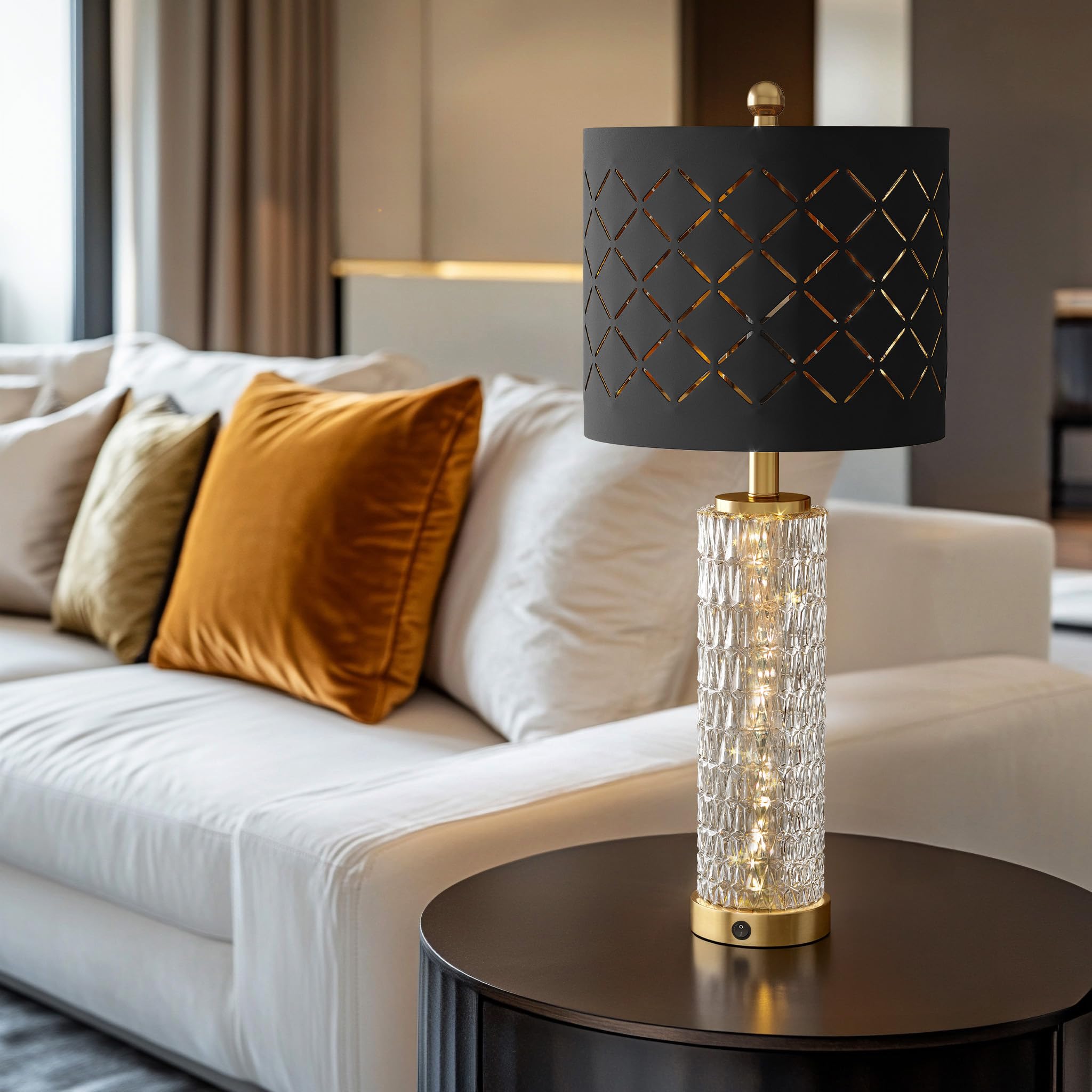 Oneach 27.75'' Modern Table Lamps Set Of 2, Gold Bedside Lamp With Crystal Nightlight, Usb A+C, Black Grid Shade, Unique Desk La