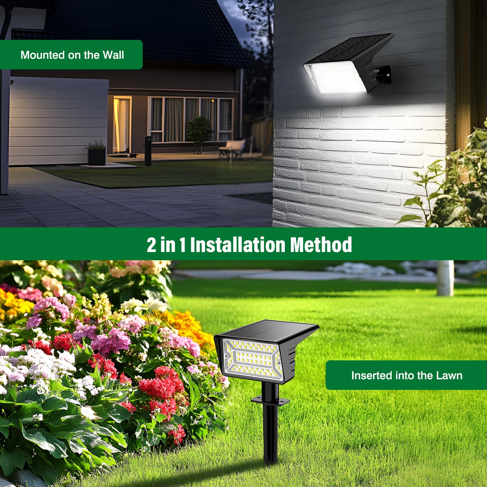 LAMKEEP Solar Spot Lights Outdoor - 60 LED, Auto On/Off, IP68 Waterproof, 2 Pack, Cool White, Model HX-SL001D